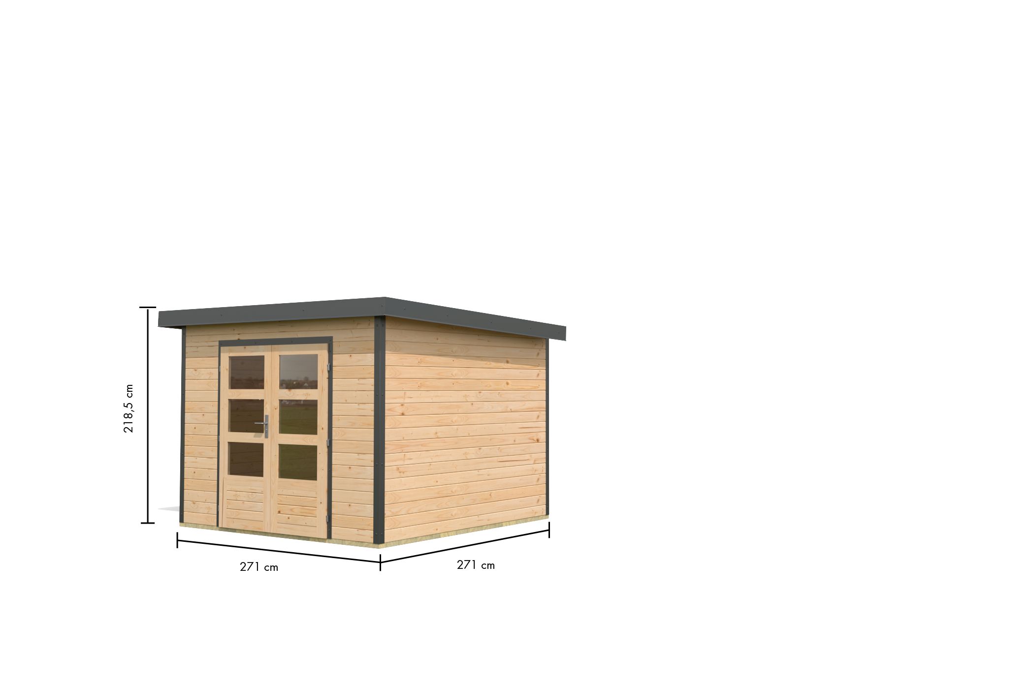 Bemaßte Maßzeichnung des Karibu Gartenhaus Holz & Metall Pluto 6, 271 × 271 cm