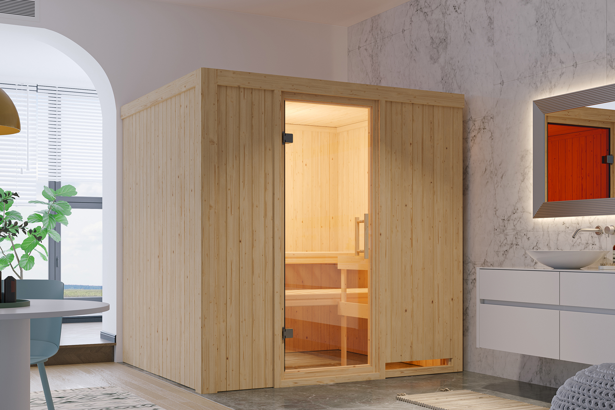 Karibu Sauna Kalle 4 aus Holz, im Garten aufgebaut