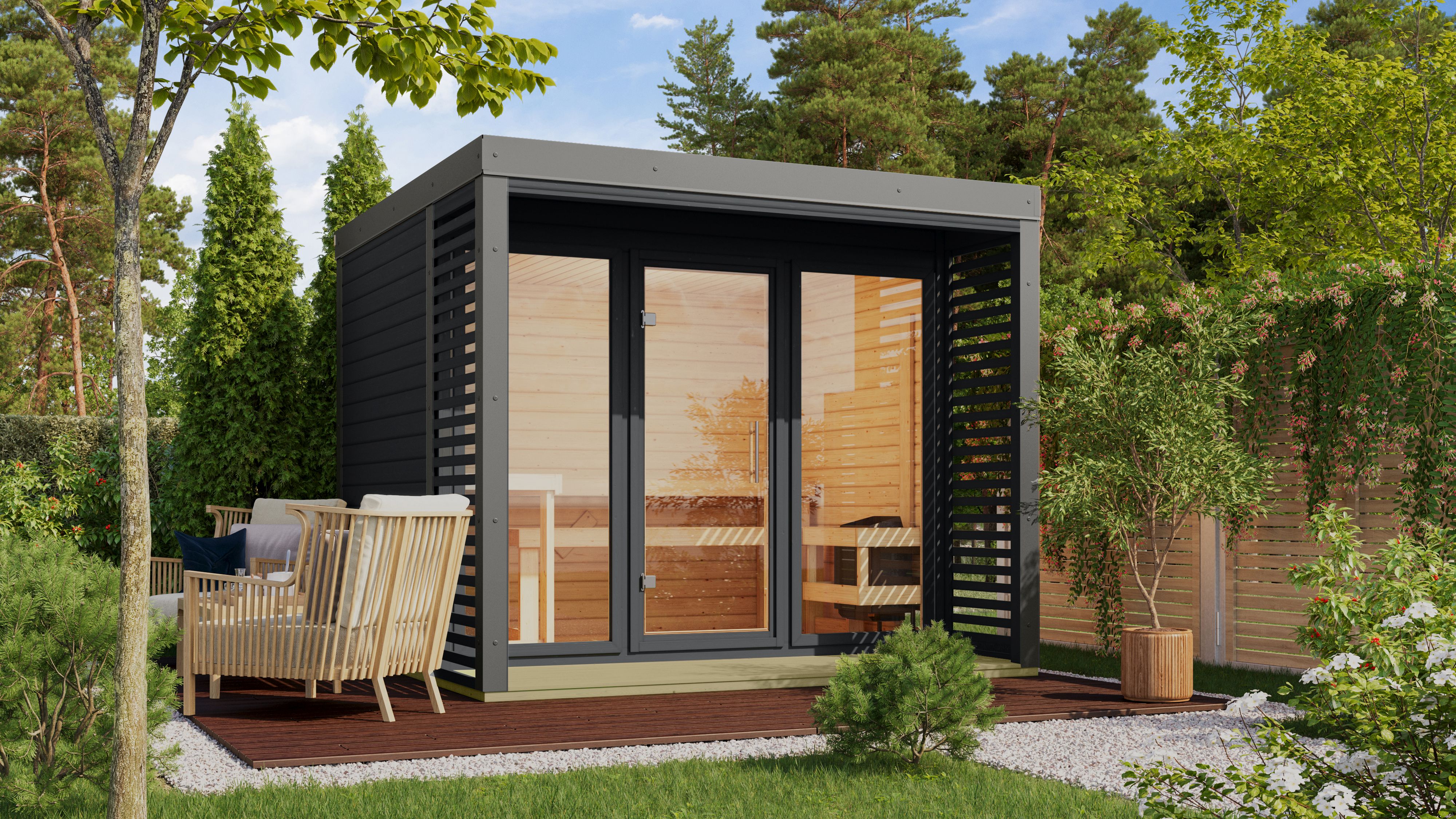 Karibu Saunahaus Ares 3 als Gartensauna aus Massivholz im Garten mit Glasfront