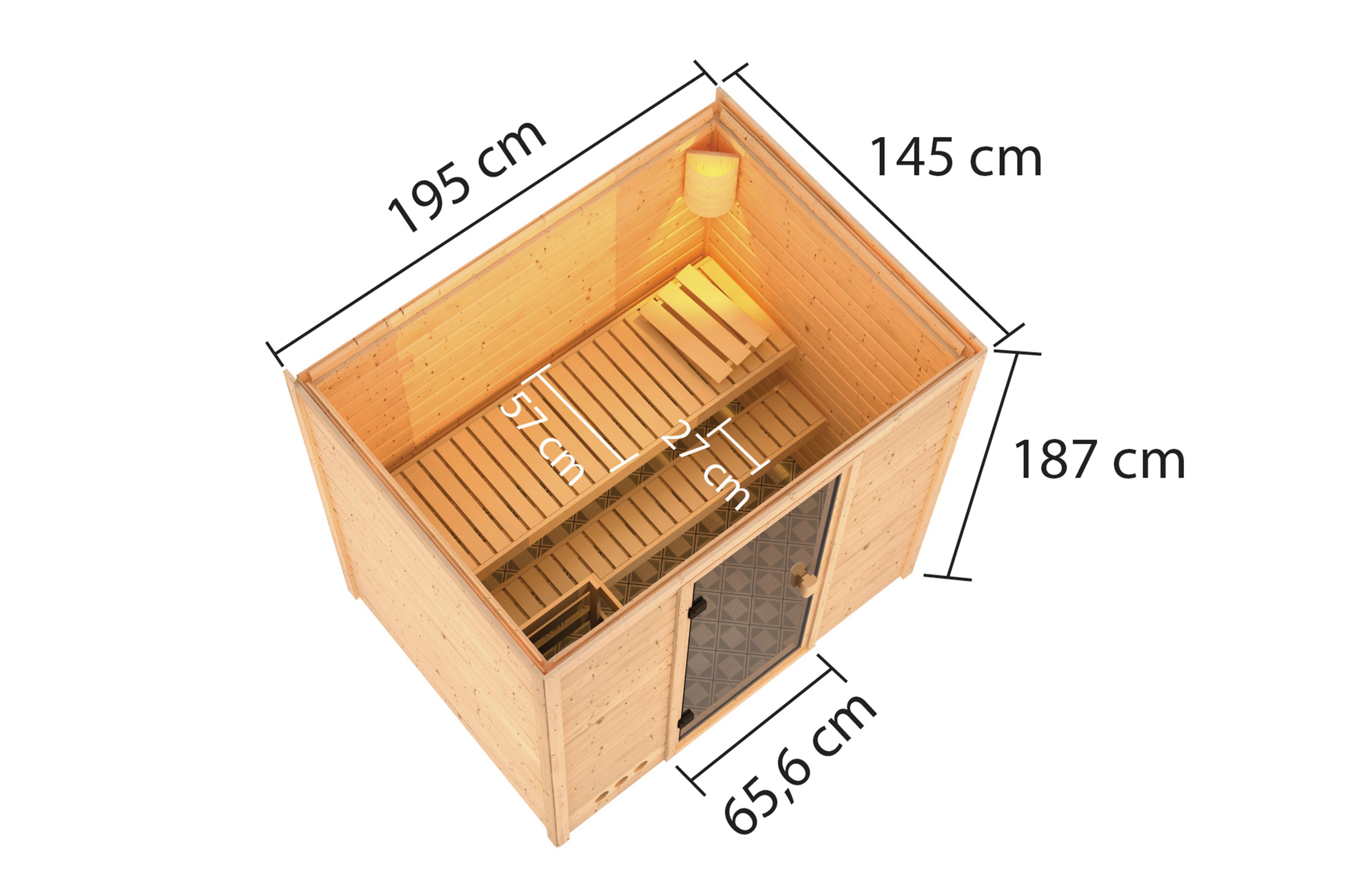 Maßzeichnung der Karibu Sauna Selena mit Außenmaß 195 × 145 cm und Höhe 187 cm