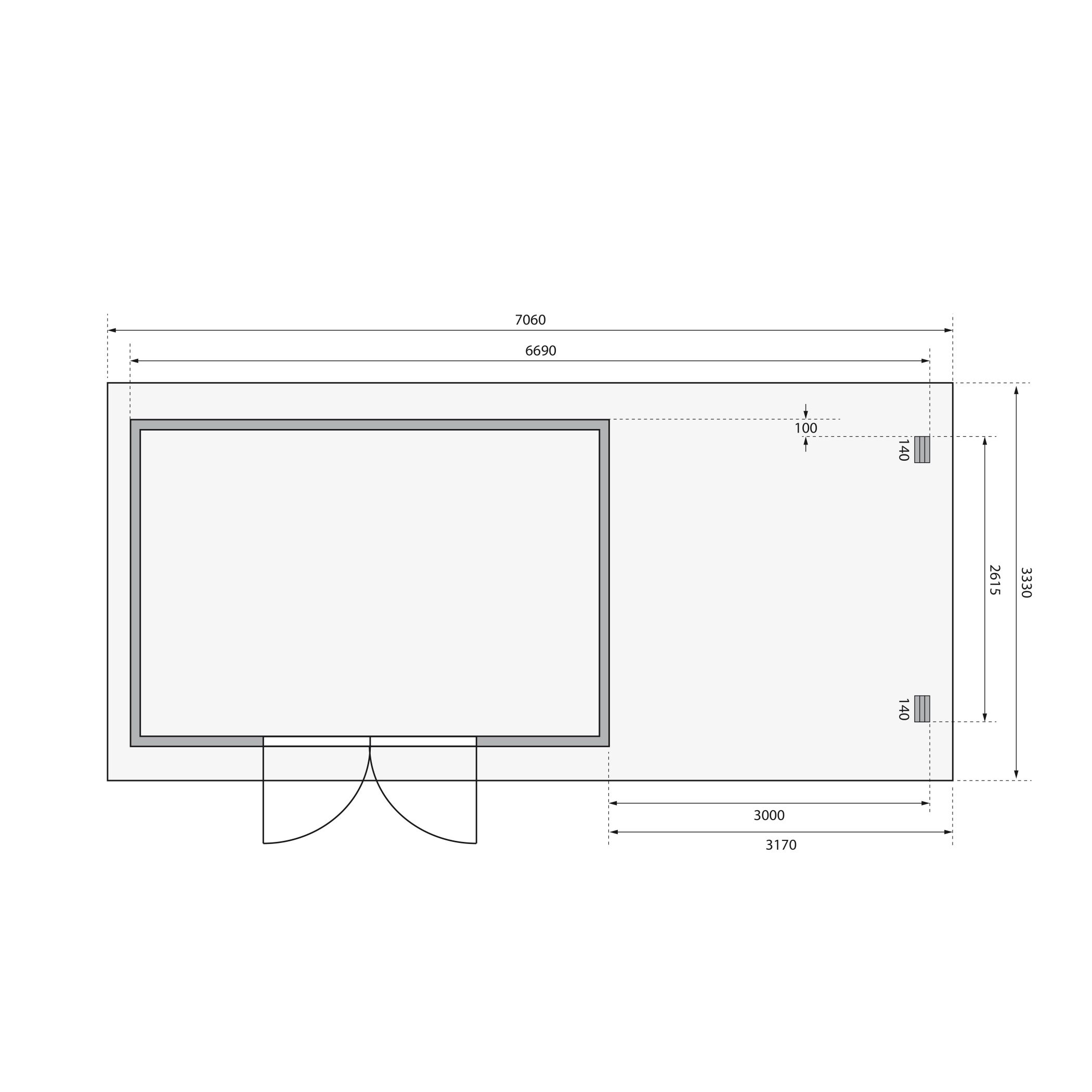 Fundamentplan des Karibu Gartenhaus Trittau 5 mit Anbaudach