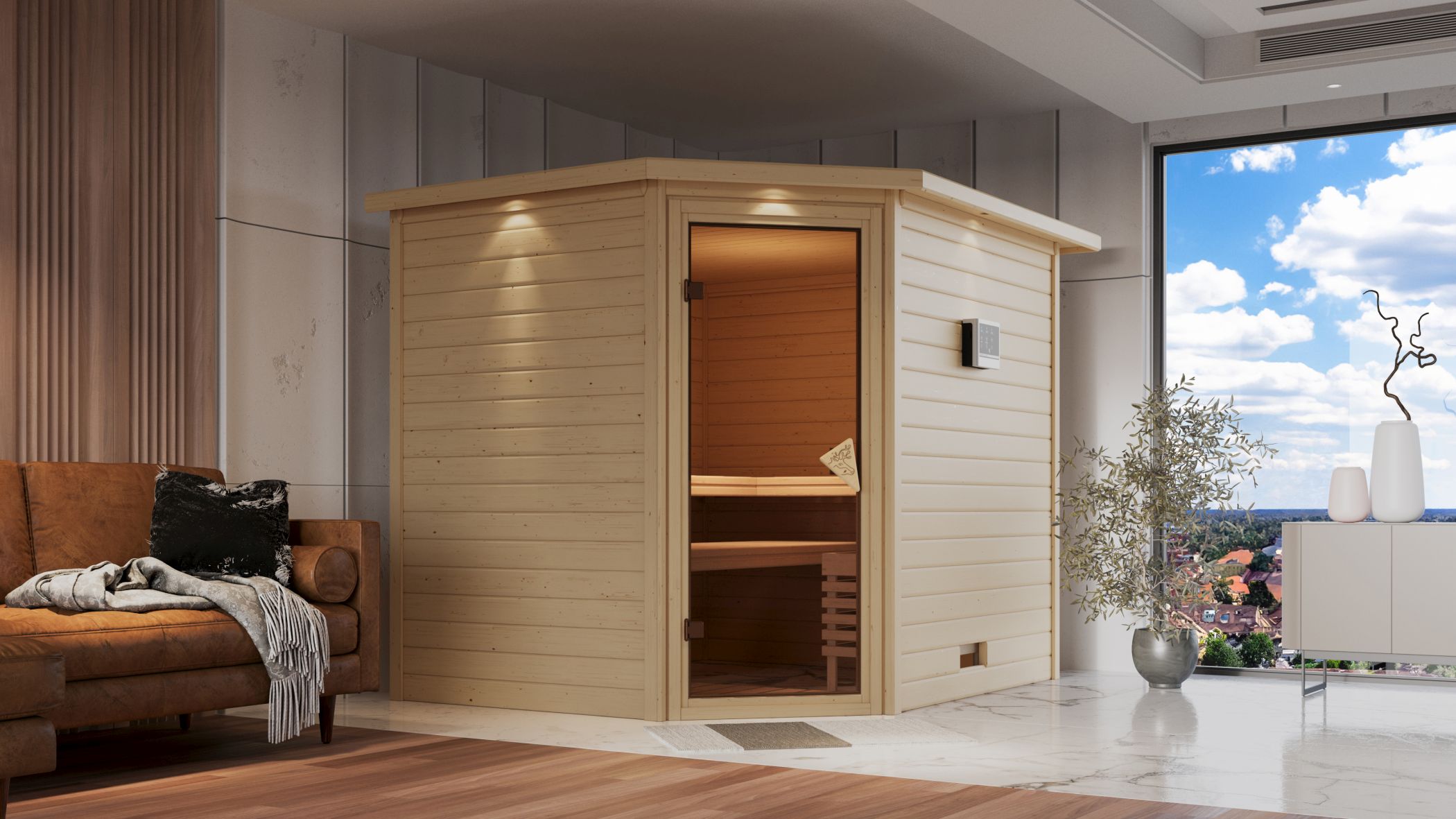 Karibu Sauna Tanami als hochwertige Sauna aus nordischer Fichte im Wohnraum-Ambiente