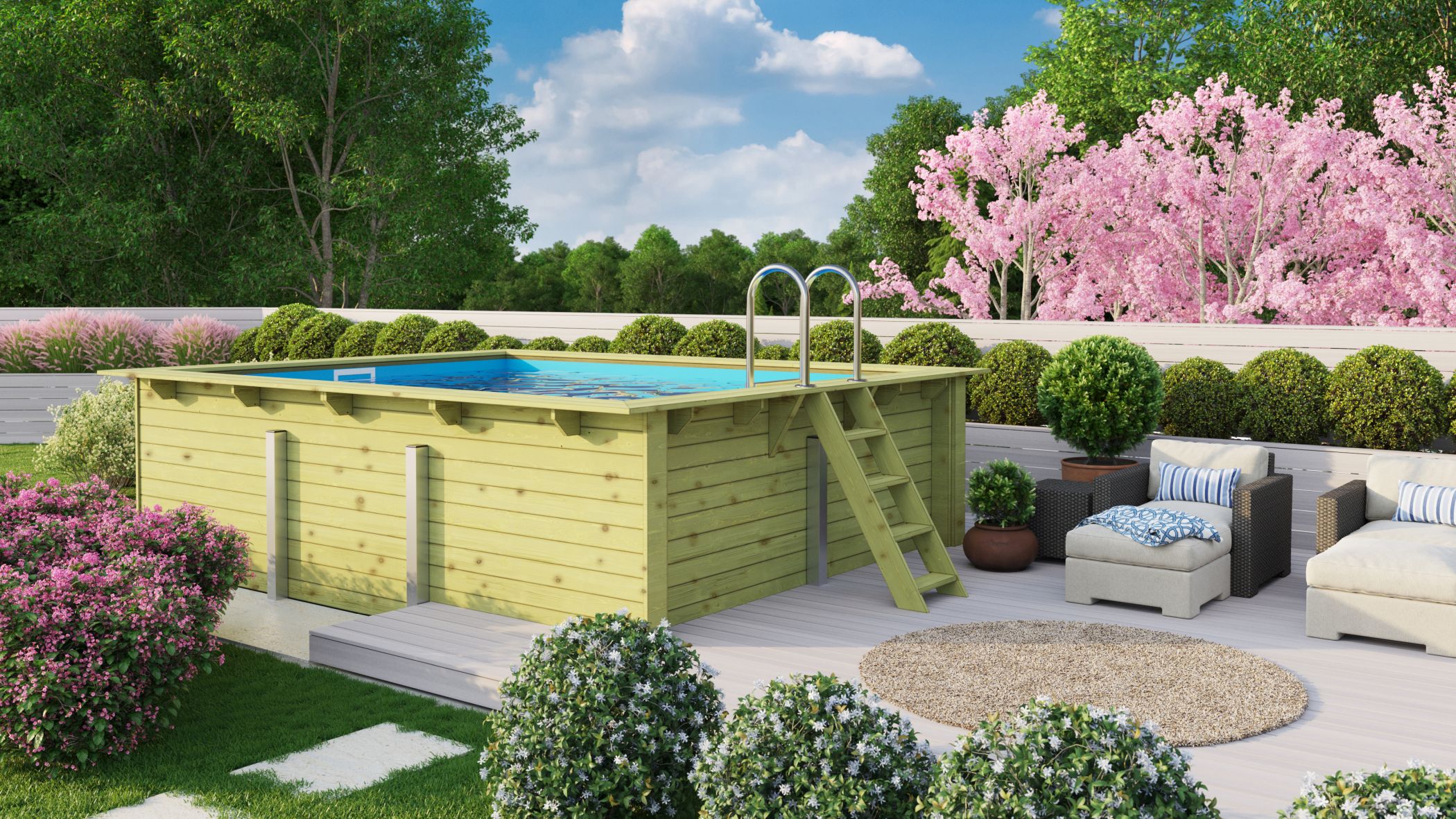 Karibu Rechteck Pool 2 mit Anbaudach im Garten