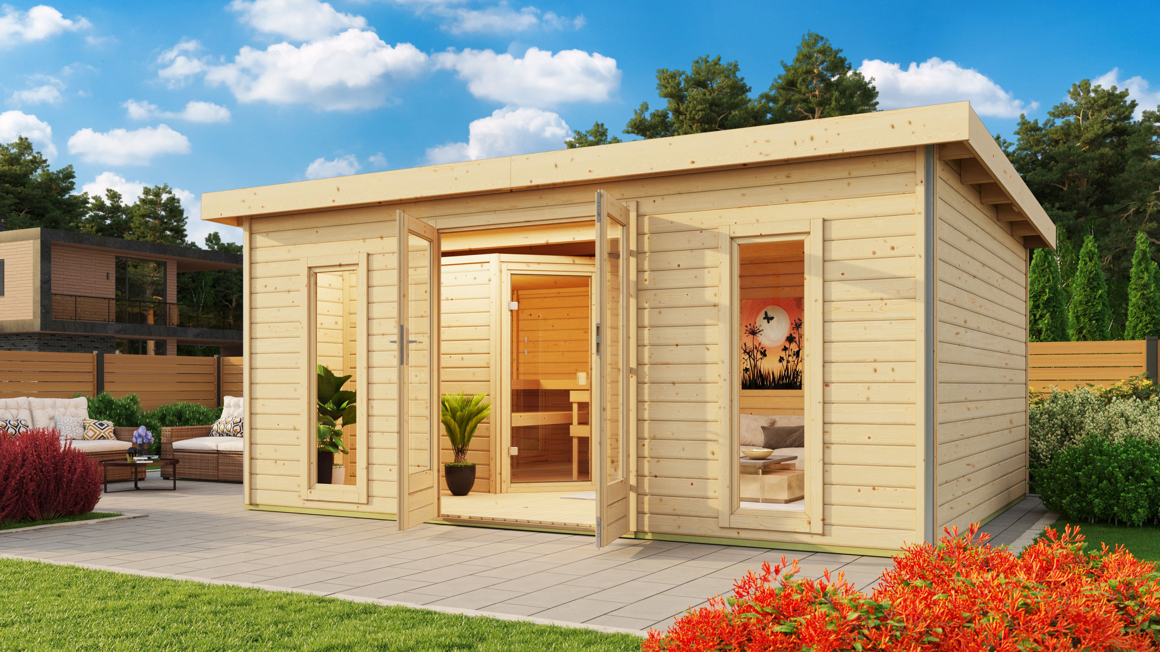 Karibu Saunahaus Mainburg 4 als Gartensauna aus Massivholz im Garten mit Glasfront