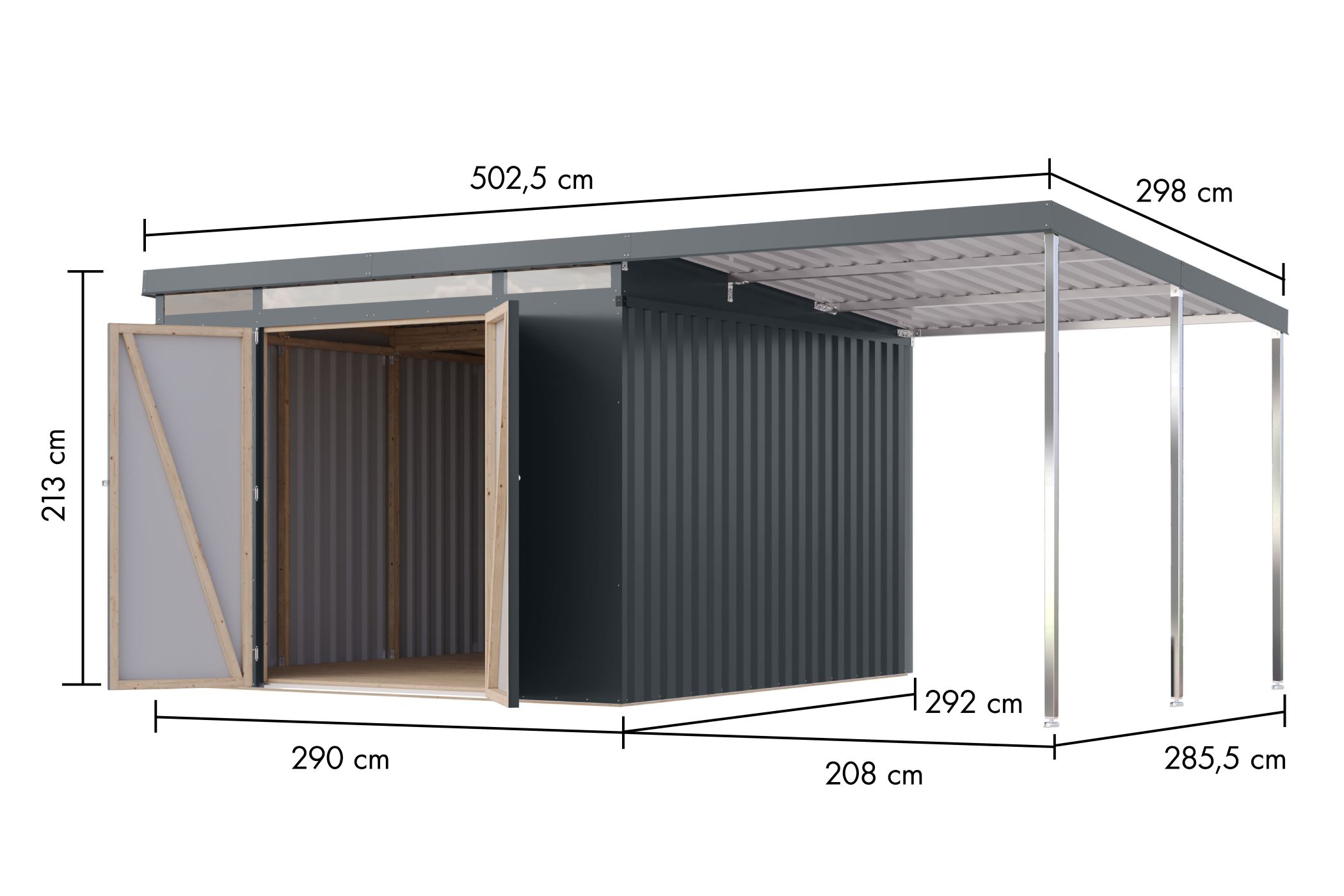 Bemaßte Maßzeichnung des Karibu großes Gerätehaus aus Metall Iridium 3,5, 497 × 292 cm