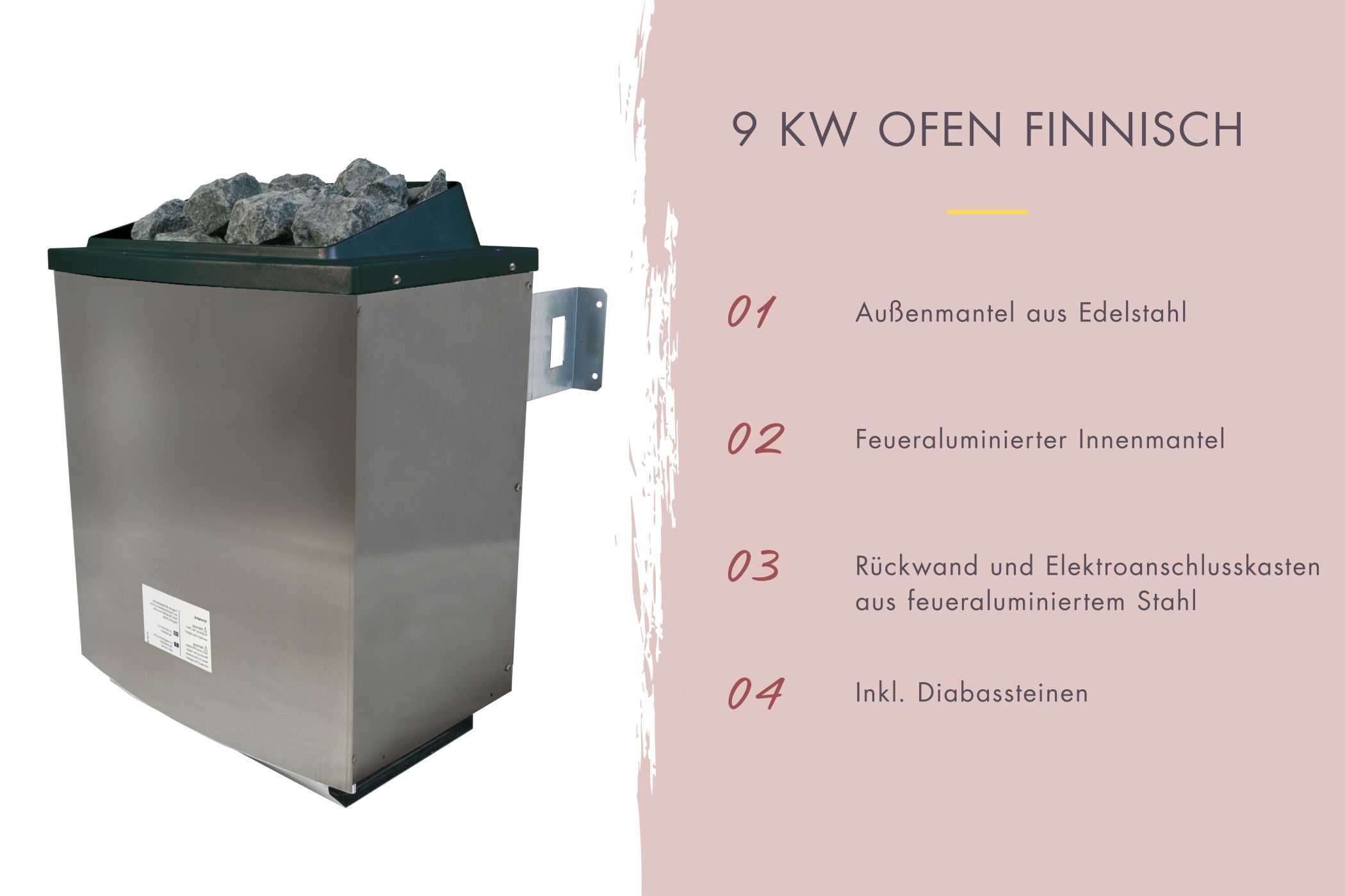 Finnischer Saunaofen mit 9 kW und Edelstahlmantel inklusive Diabas-Saunasteinen für Karibu Saunen