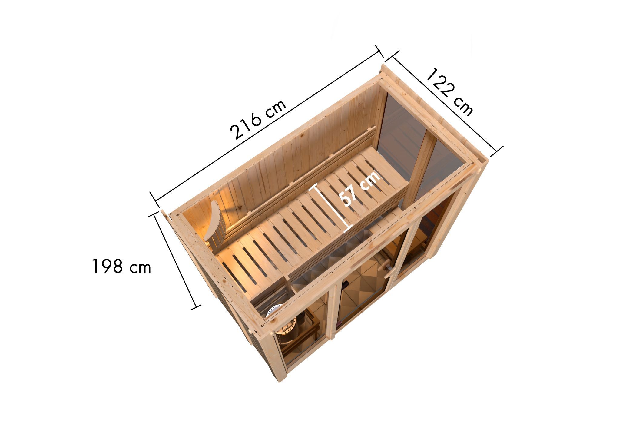 Maßzeichnung der Karibu Sauna Irava 2 mit Außenmaß 216 × 122 cm und Höhe 198 cm
