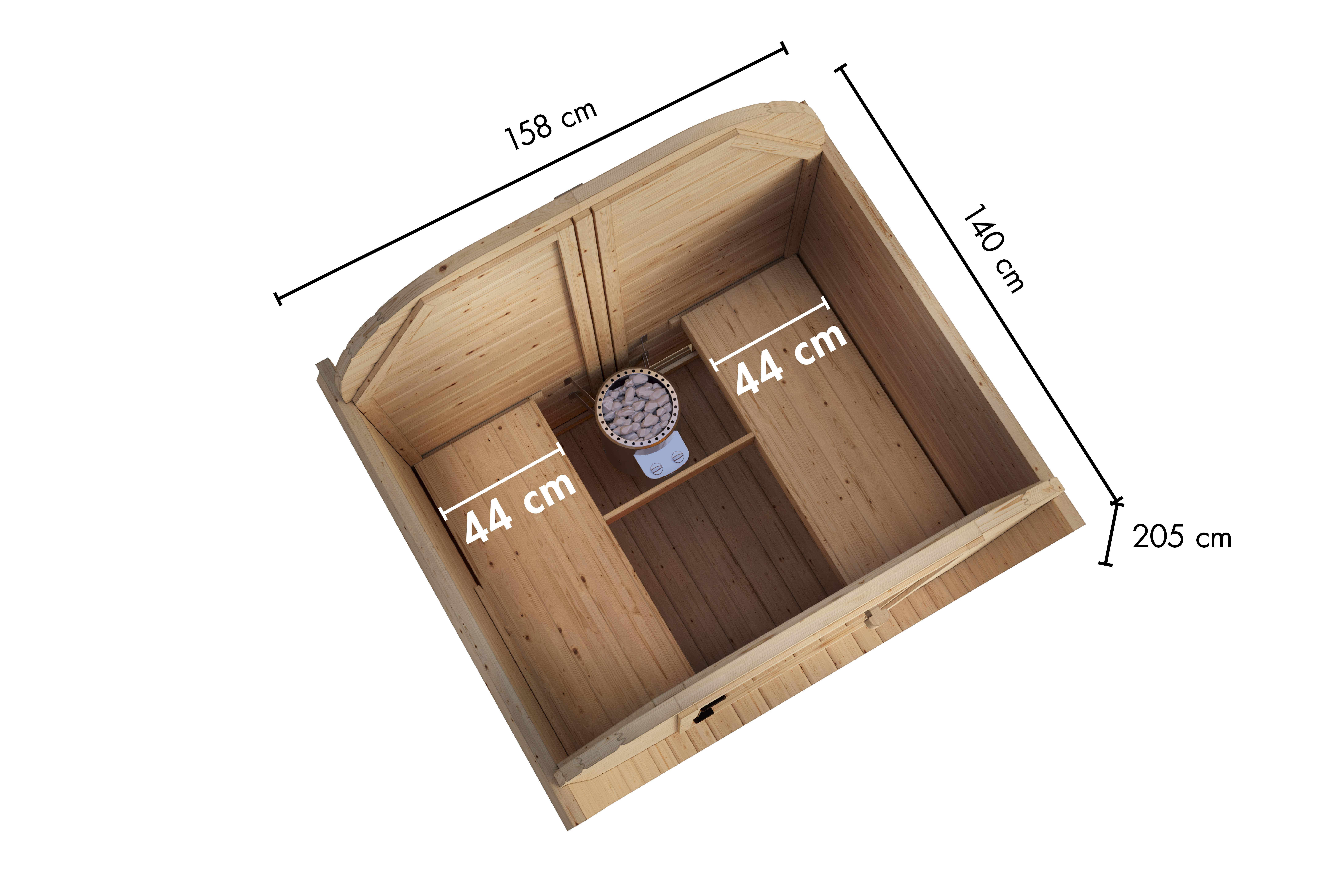 Maßzeichnung der Karibu Fasssauna Quadro Mini Basic mit Außenmaß 158 × 140 cm der Kabine