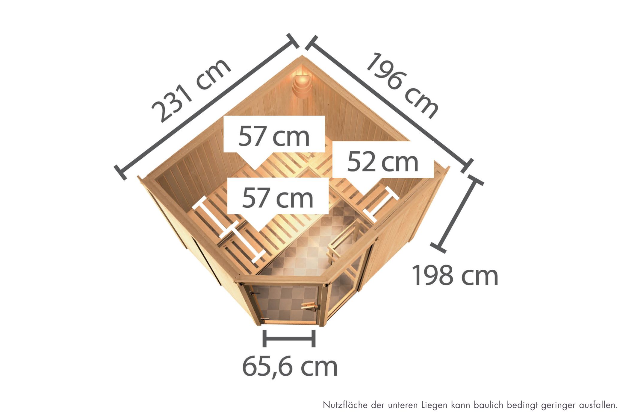 Maßzeichnung der Karibu Sauna Fiona 3 mit Außenmaß 231 × 196 cm und Höhe 198 cm