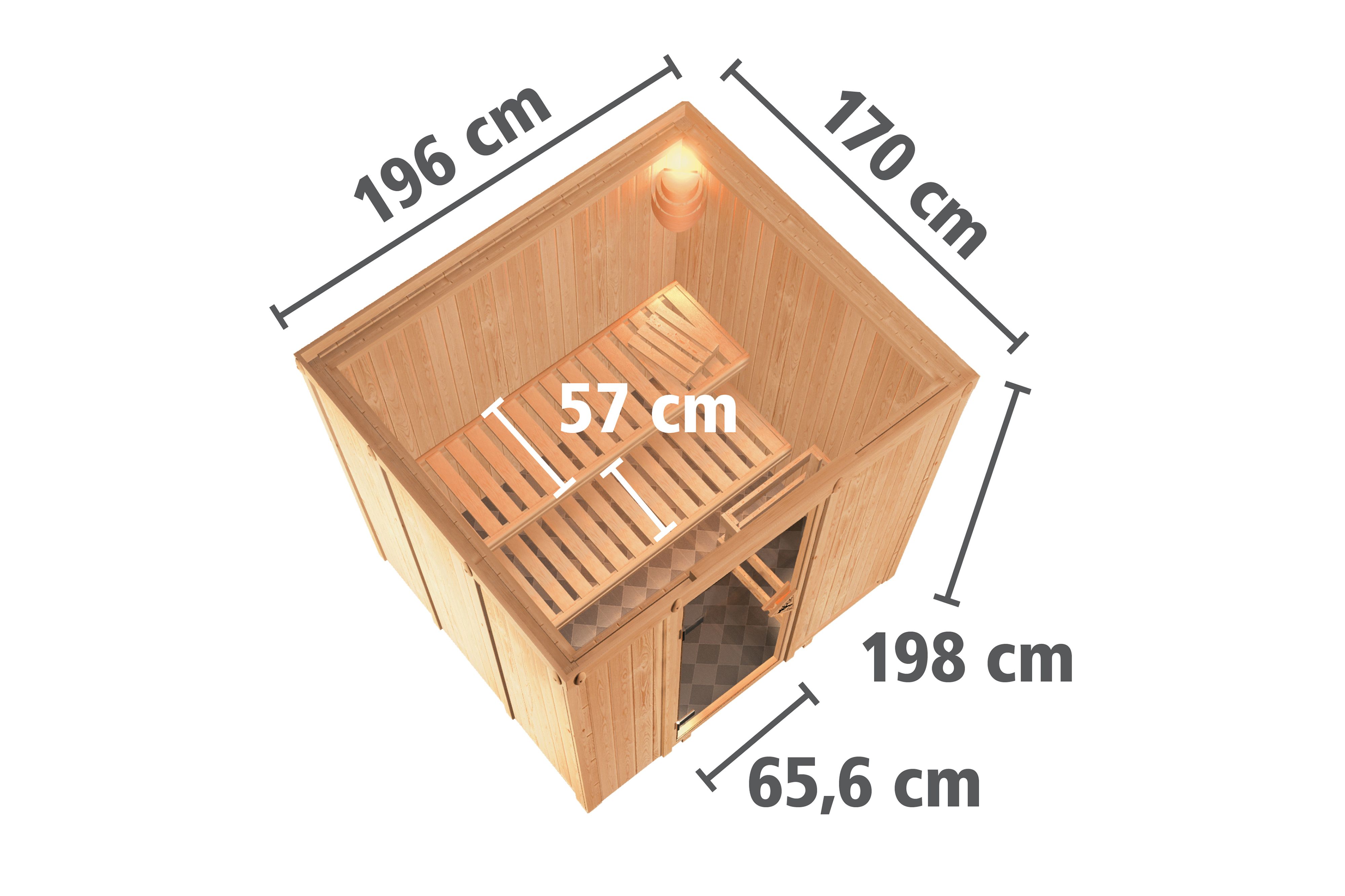 Maßzeichnung der Karibu Sauna Sodin mit Außenmaß 196 × 170 cm und Höhe 198 cm