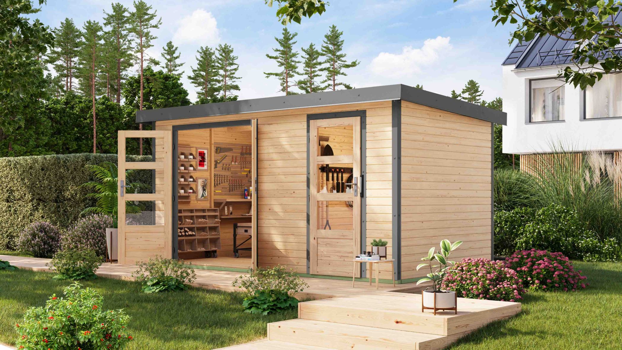 Karibu großes Gartenhaus Holz & Metall Merkur in Naturbelassen mit Metall in Graualuminium im Garten