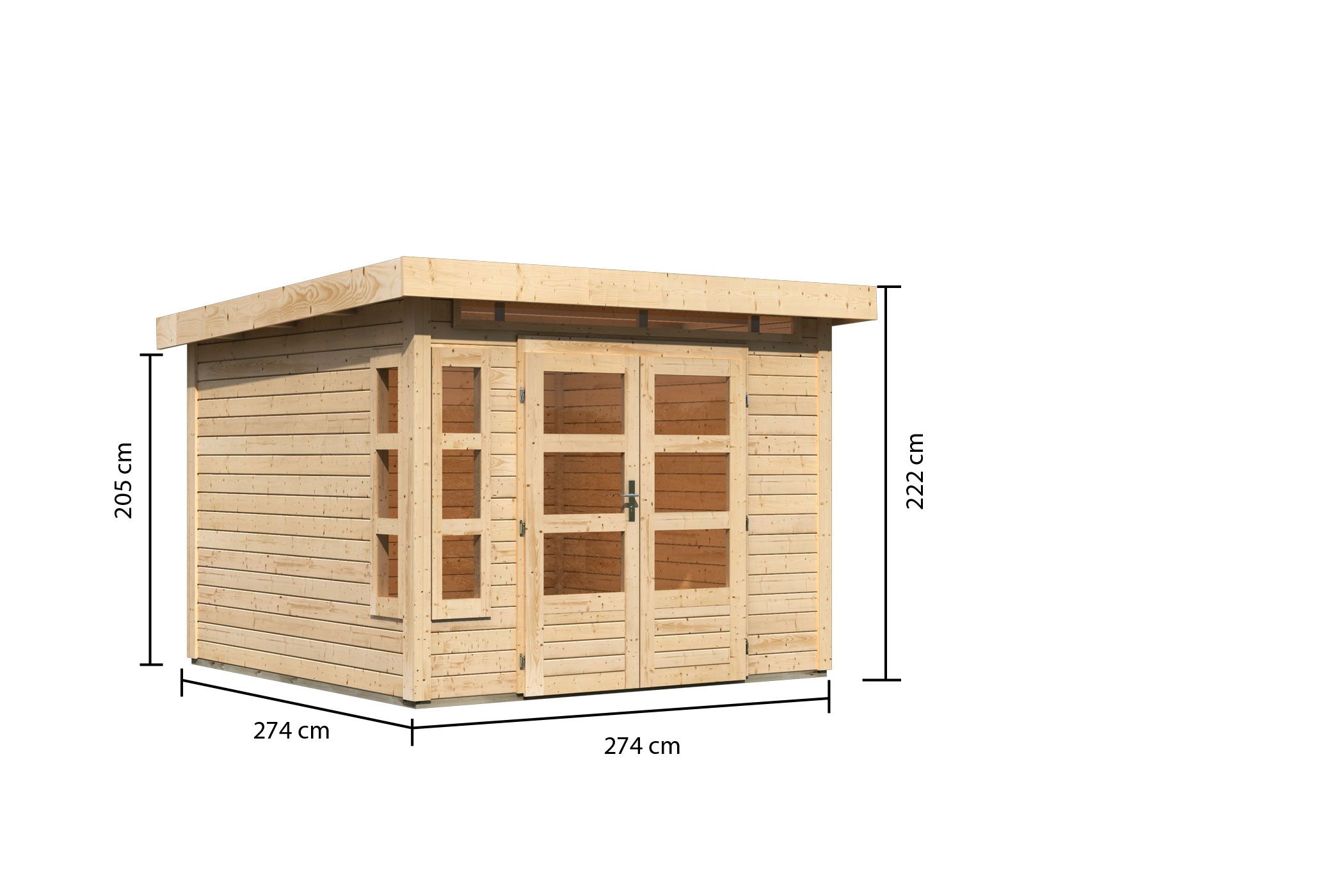 Bemaßte Maßzeichnung des Karibu Gartenhaus Kastorf 6, 274 × 274 cm