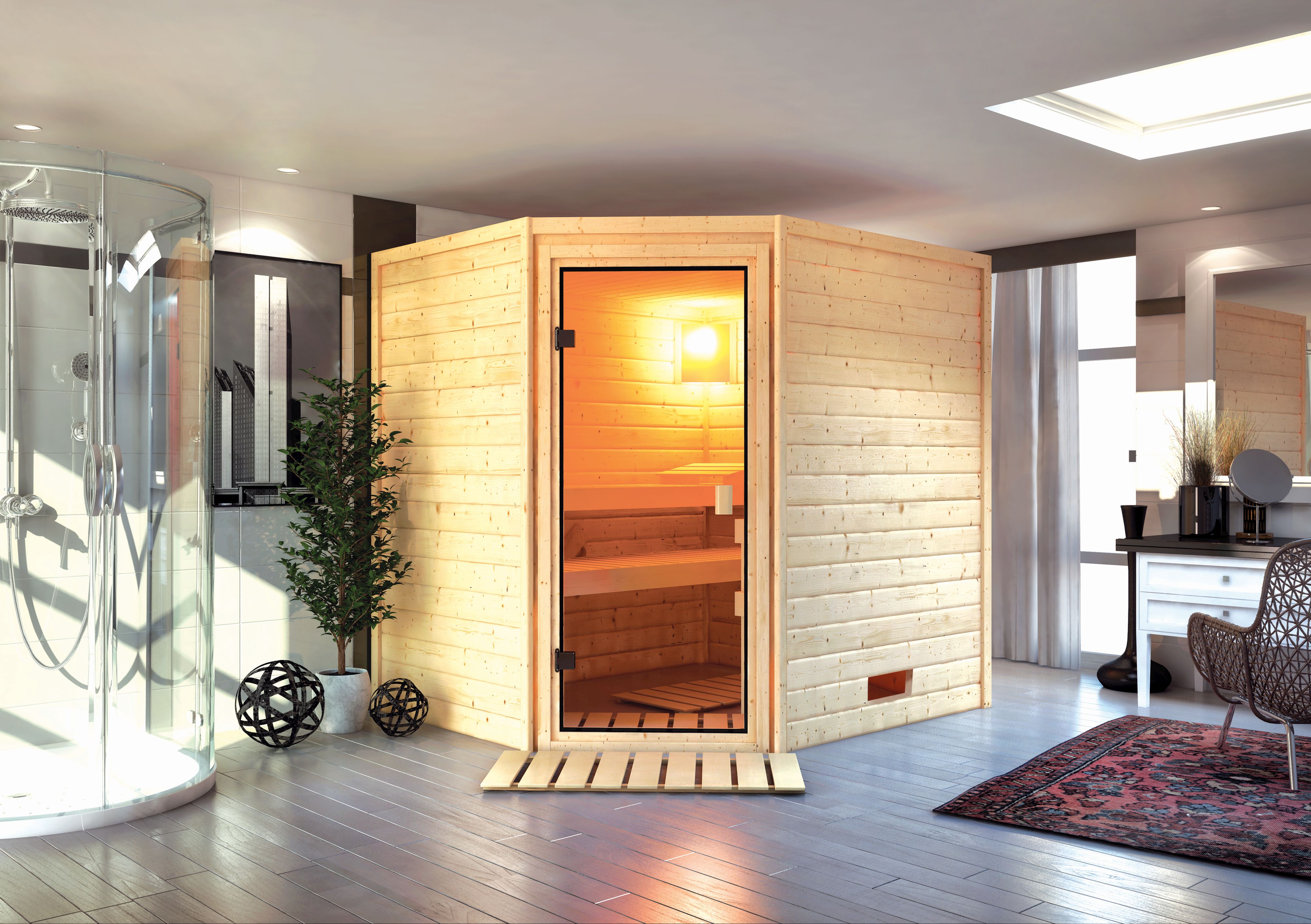 Karibu Sauna Elea als hochwertige Sauna aus nordischer Fichte im Wohnraum-Ambiente