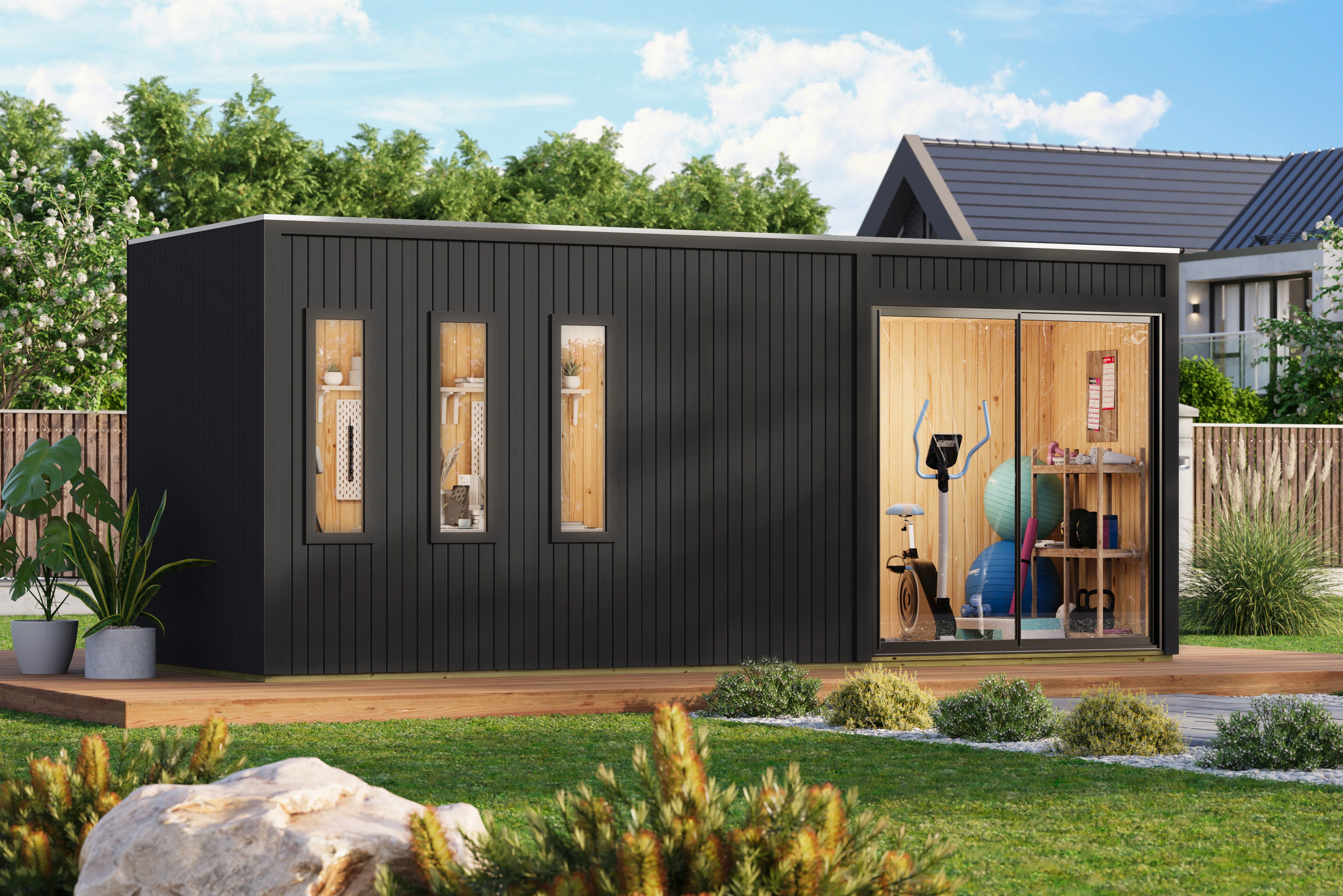 Karibu Saunahaus Homeofficehaus aus nordischer Fichte, im Garten aufgebaut