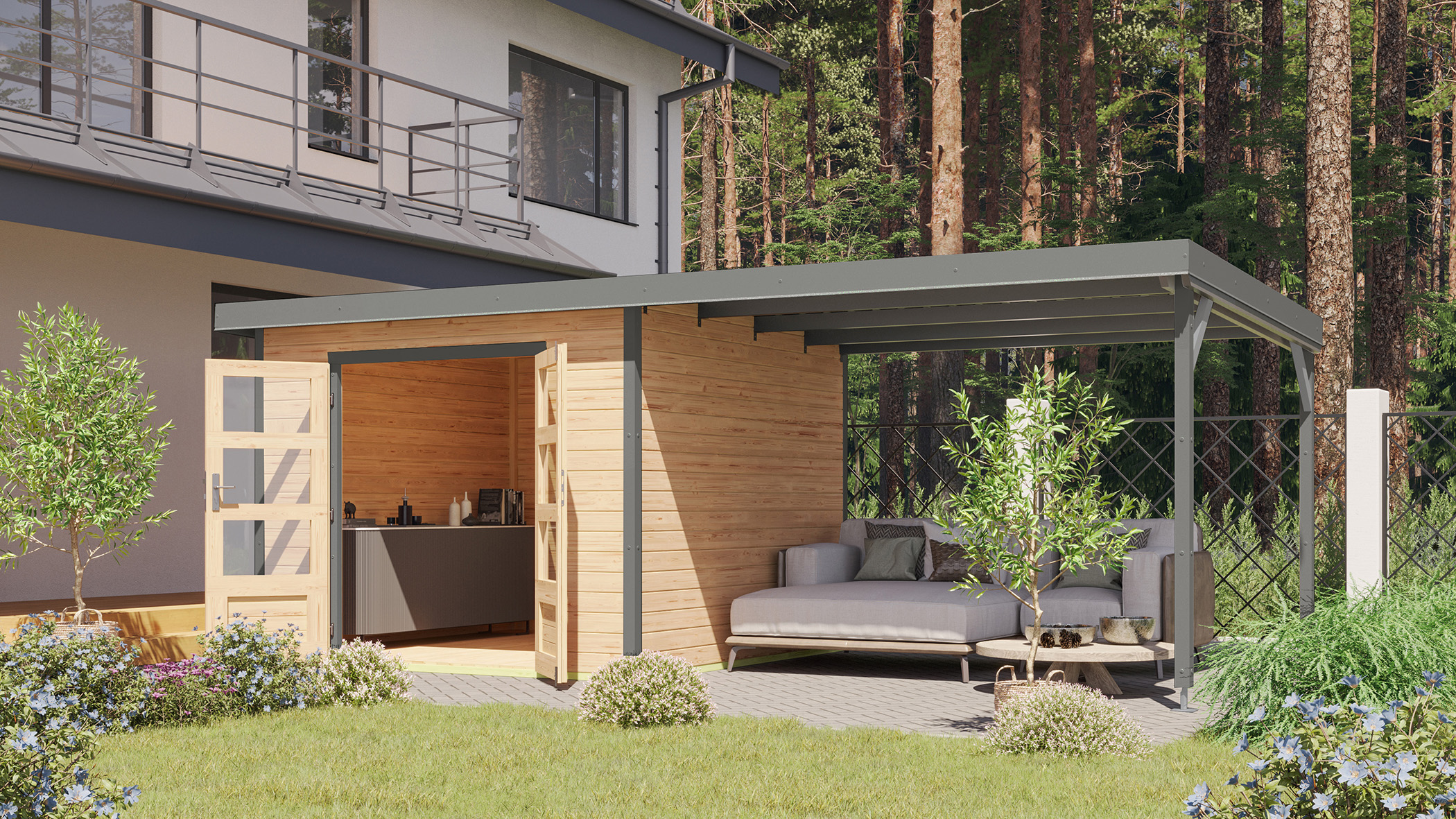 Karibu Gartenhaus Holz & Metall Pluto 6 in Naturbelassen mit Metall in Graualuminium und Anbaudach im Garten