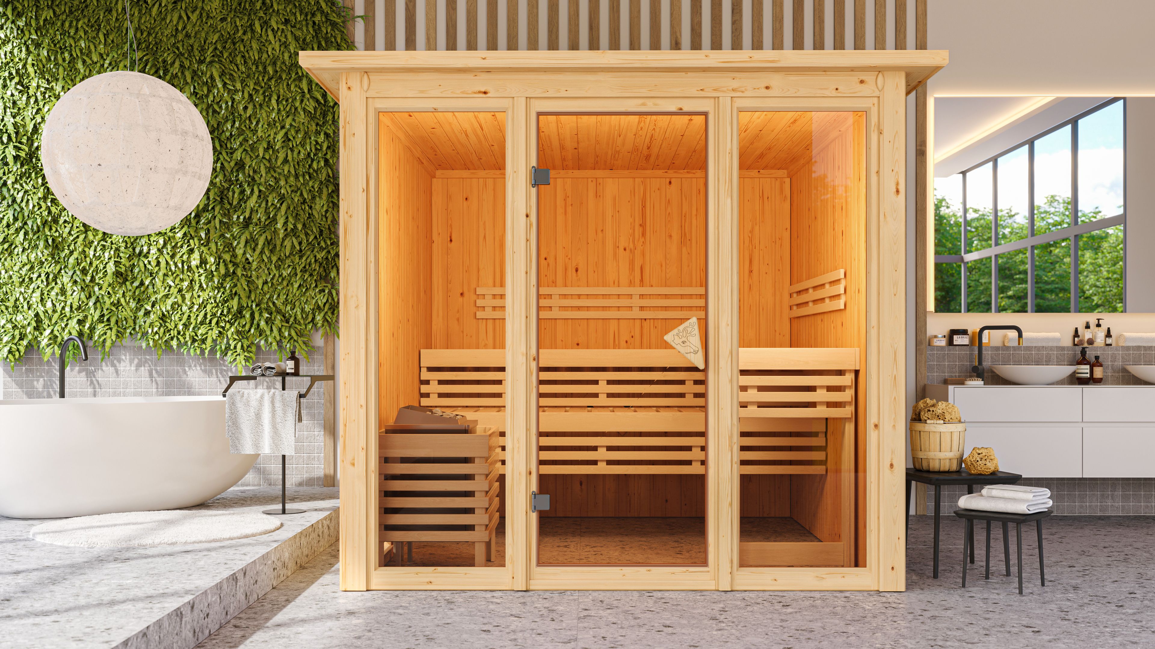 Karibu Sauna Askja als hochwertige Sauna aus nordischer Fichte im Wohnraum-Ambiente