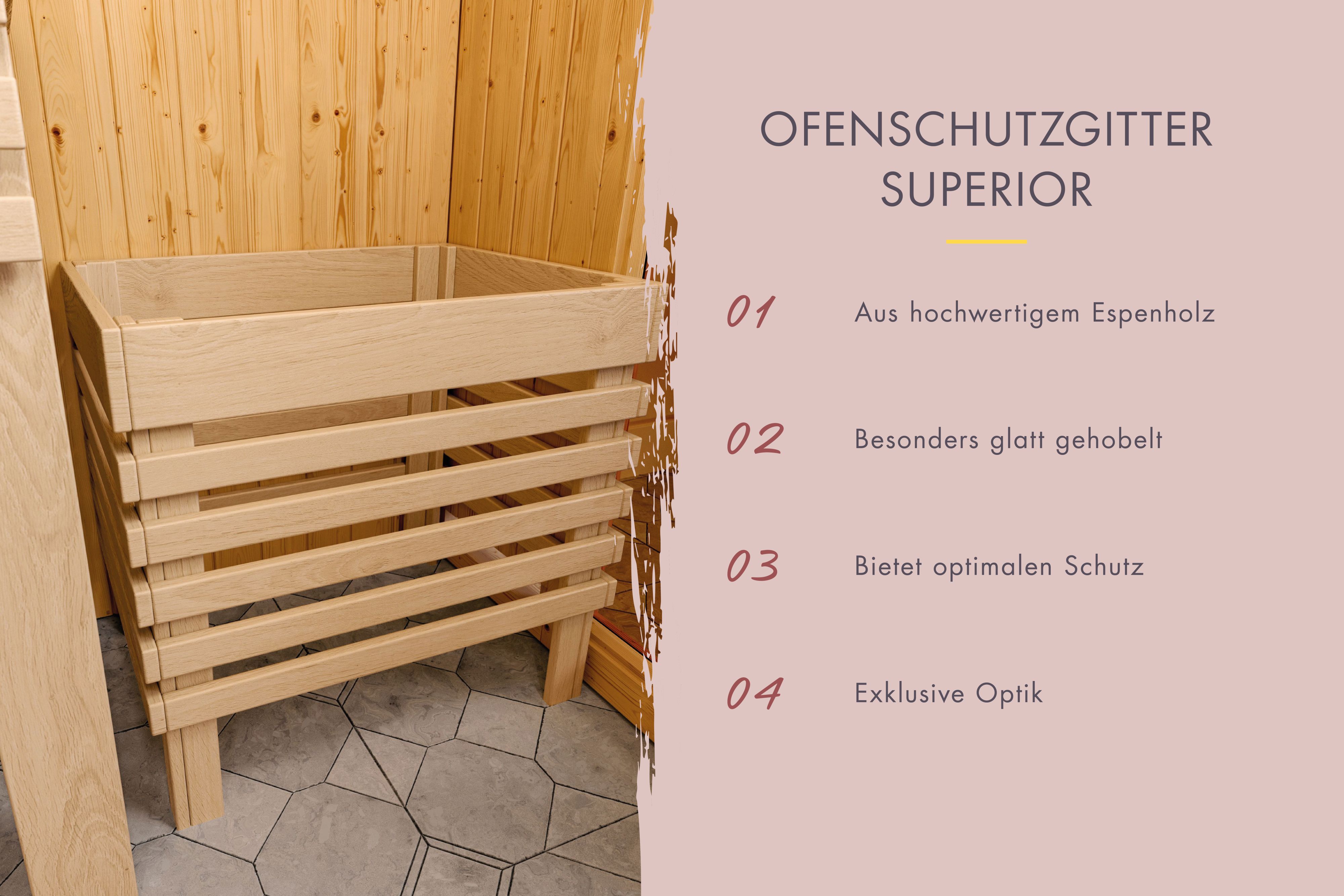 Ofenschutzgitter aus nordischer Fichte als Schutz vor dem Saunaofen einer Karibu Sauna