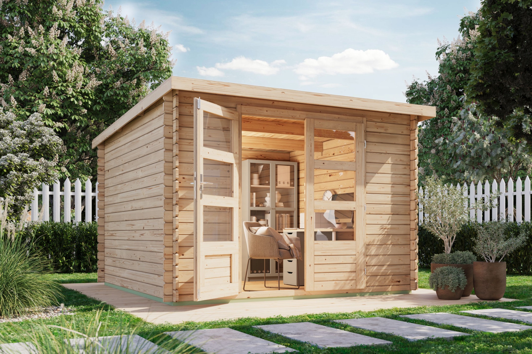 Produktbild eines Karibu Gartenprodukts aus Holz, im Garten aufgebaut