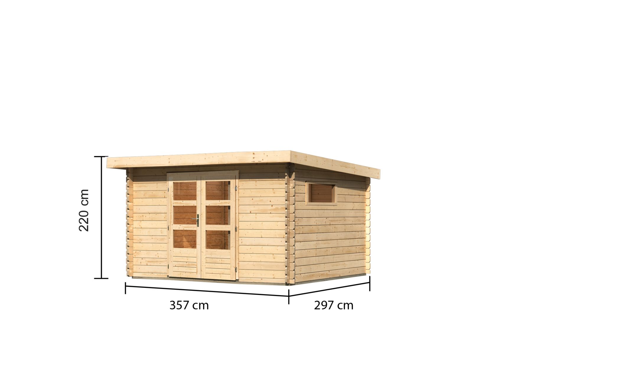 Bemaßte Maßzeichnung des Karibu Gartenhaus Benstrup 7 mit Bemaßung