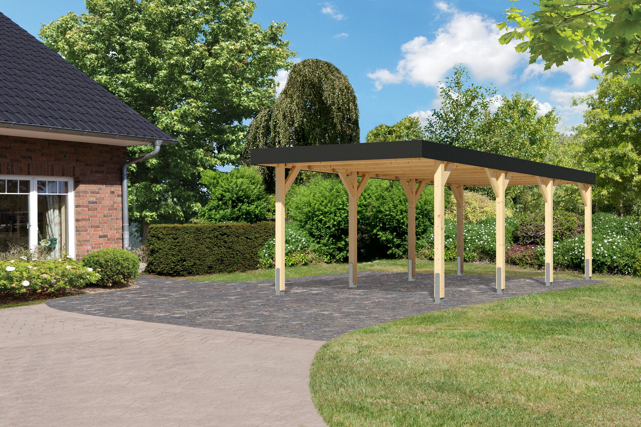 Außenansicht des Karibu Einzelcarport Leimholz 2 aus Leimholz mit Flachdach im Garten aufgebaut