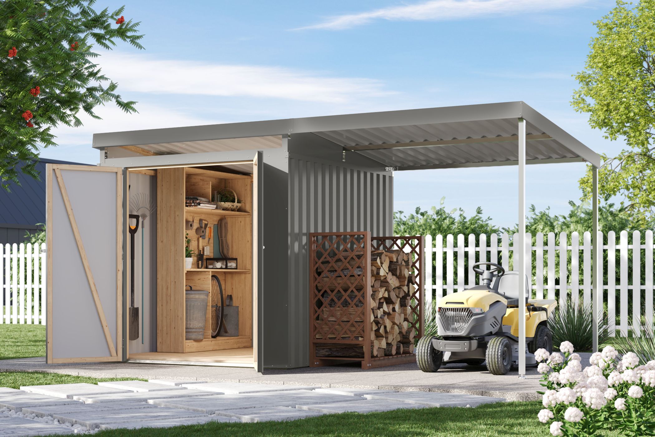 Karibu Gerätehaus aus Metall Iridium 2 in Graualuminium im Garten