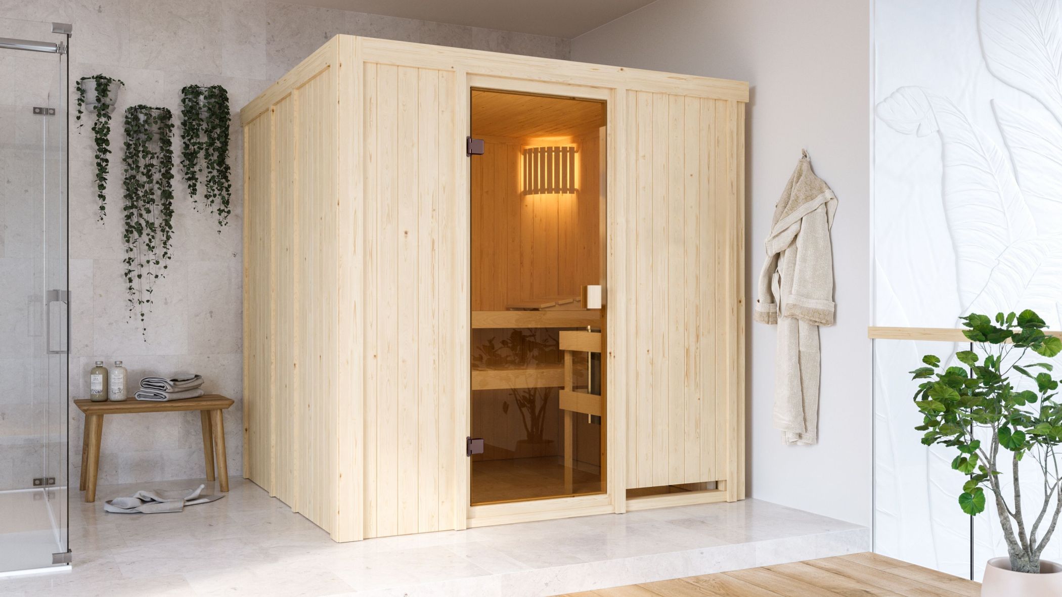 Karibu Sauna Tromsö als hochwertige Sauna aus nordischer Fichte im Wohnraum-Ambiente