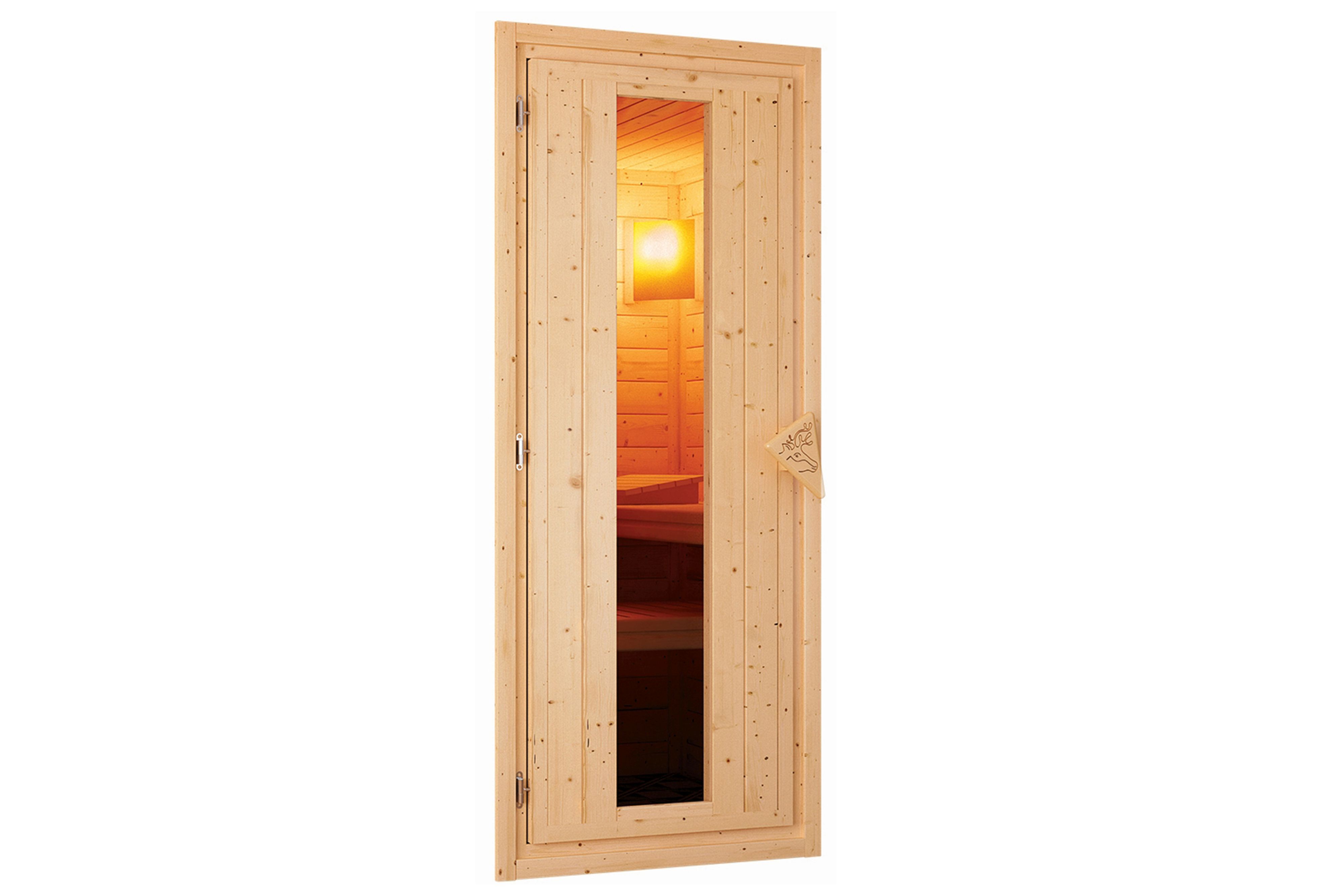 Außenansicht der Karibu Isolierte Sauna Holztür aus nordischer Fichte mit Ganzglastür und Fronteinstieg