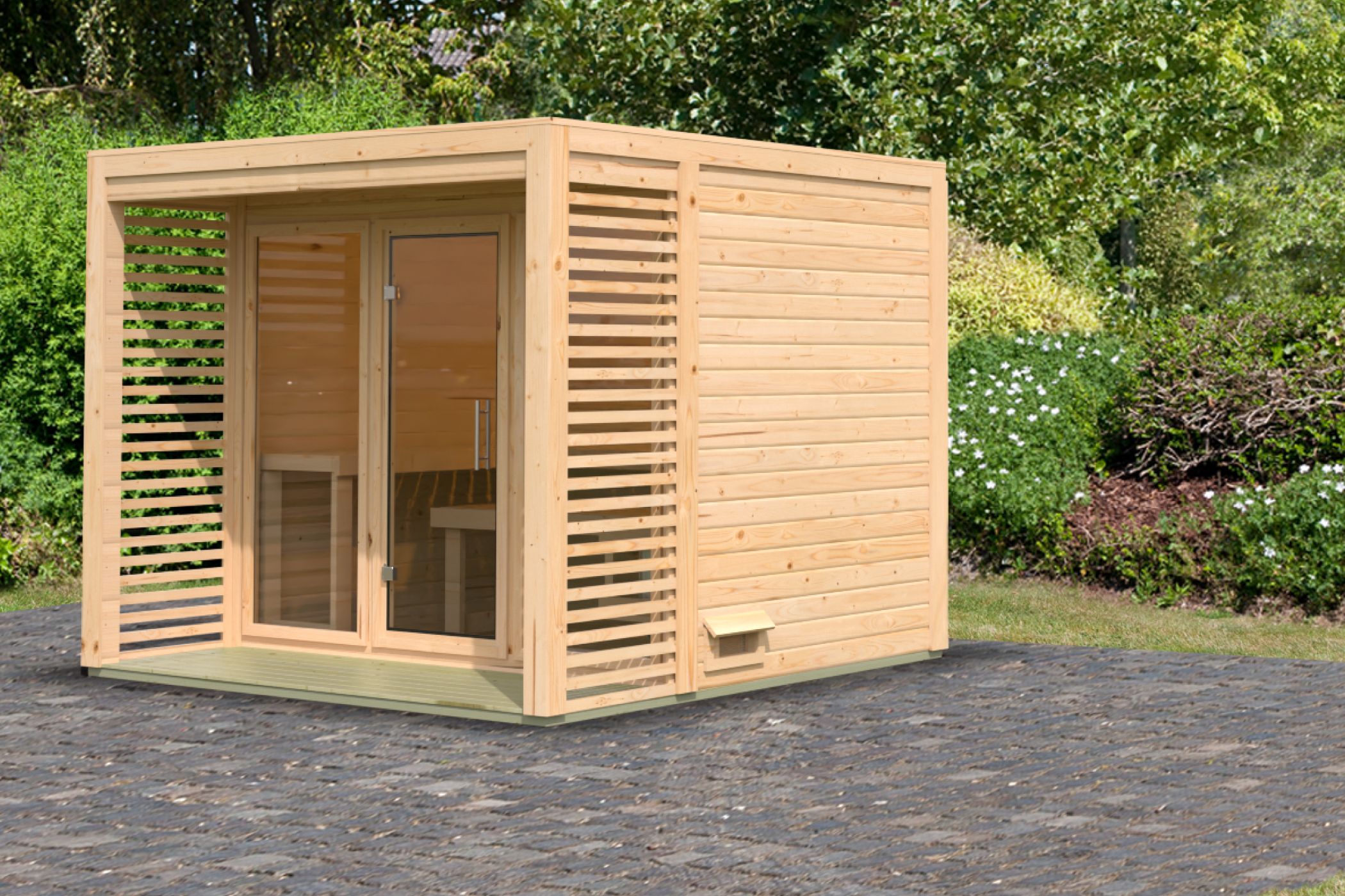Karibu Saunahaus Angkor 3 als Gartensauna aus Massivholz im Garten mit Glasfront