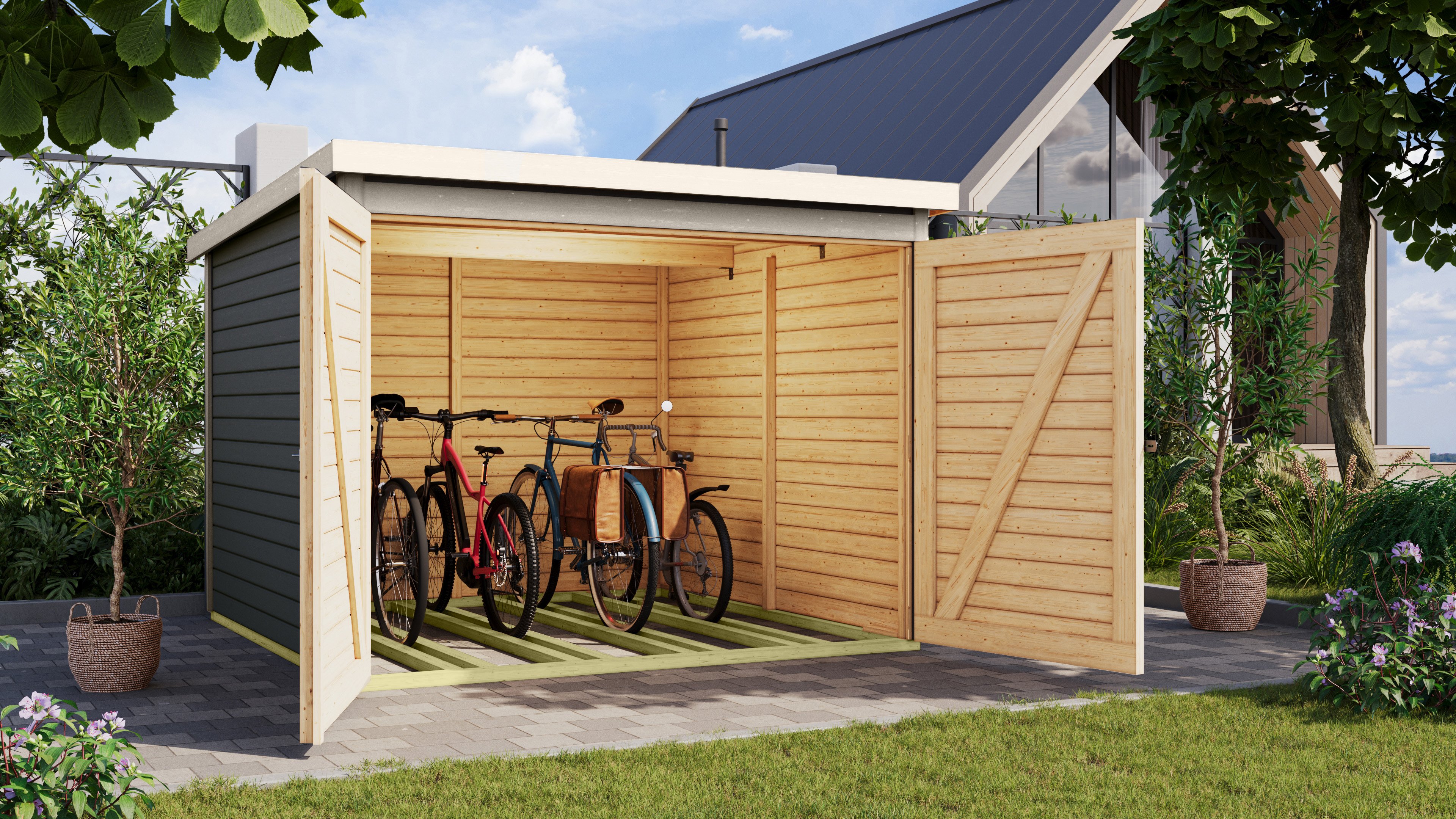 Karibu Fahrradschuppen Fahrradgarage 4 in Terragrau im Garten