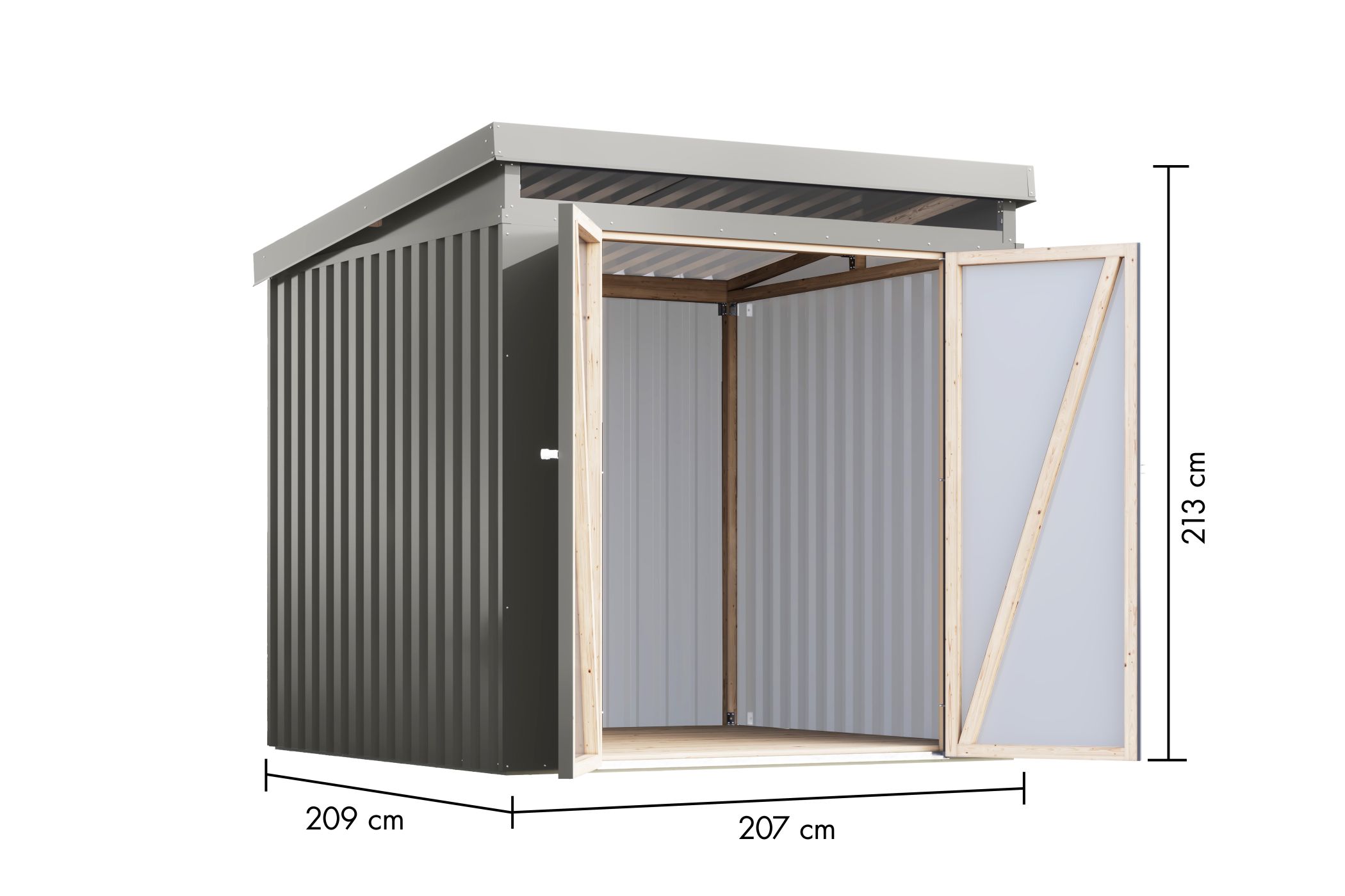 Bemaßte Maßzeichnung des Karibu Gerätehaus aus Metall Iridium 2, 207 × 209 cm