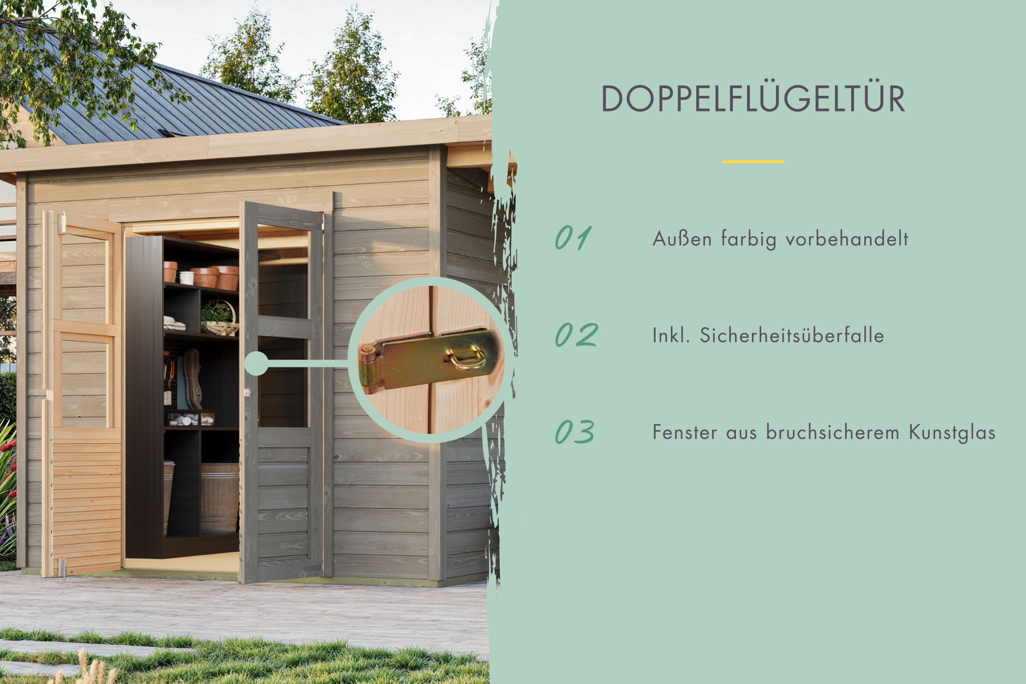 Doppelflügeltür des Karibu Gerätehaus Merseburg 6 mit Zylinderschloss und Kunstglas