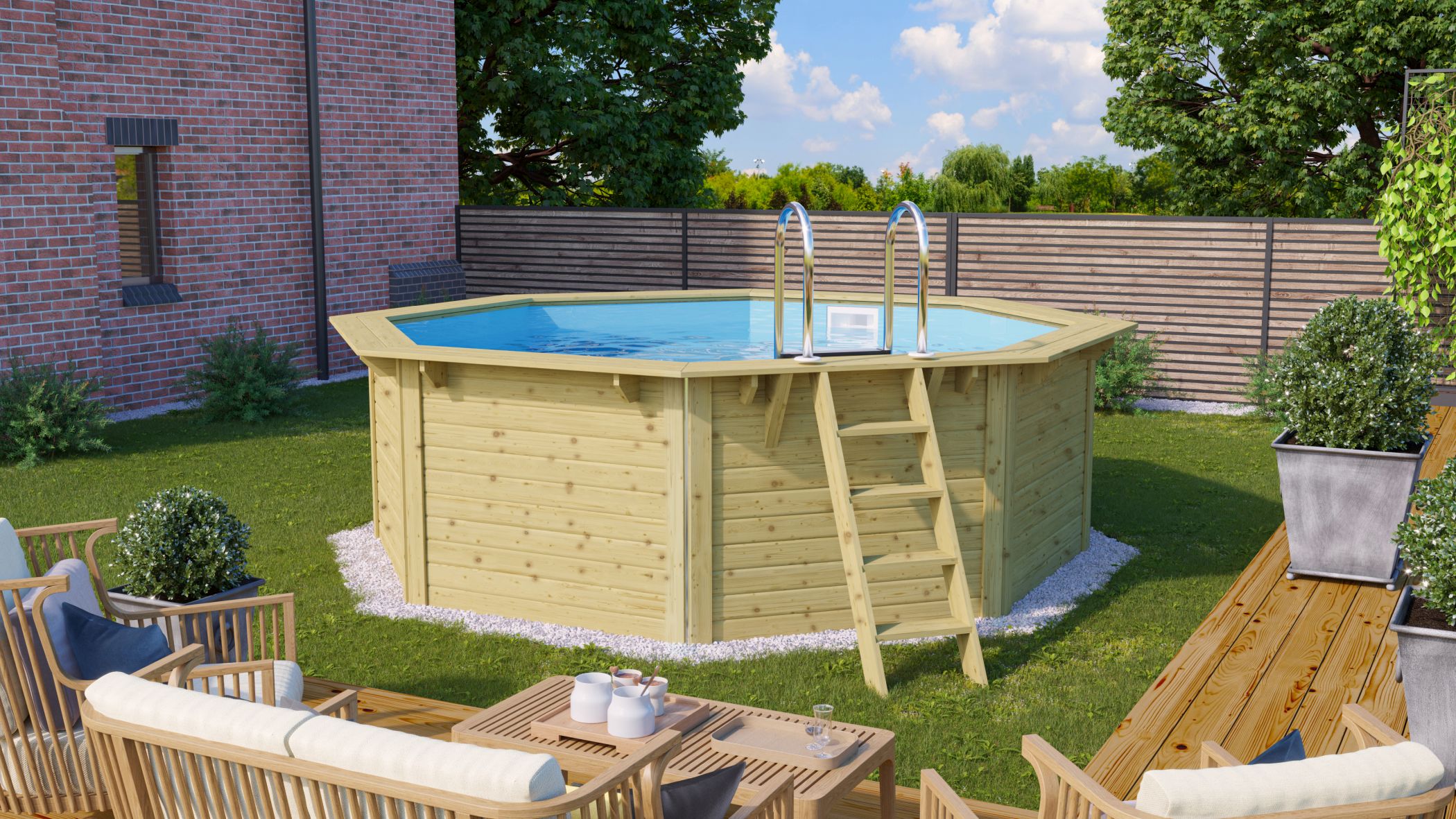 Karibu Pool Modell X1 mit Anbaudach im Garten