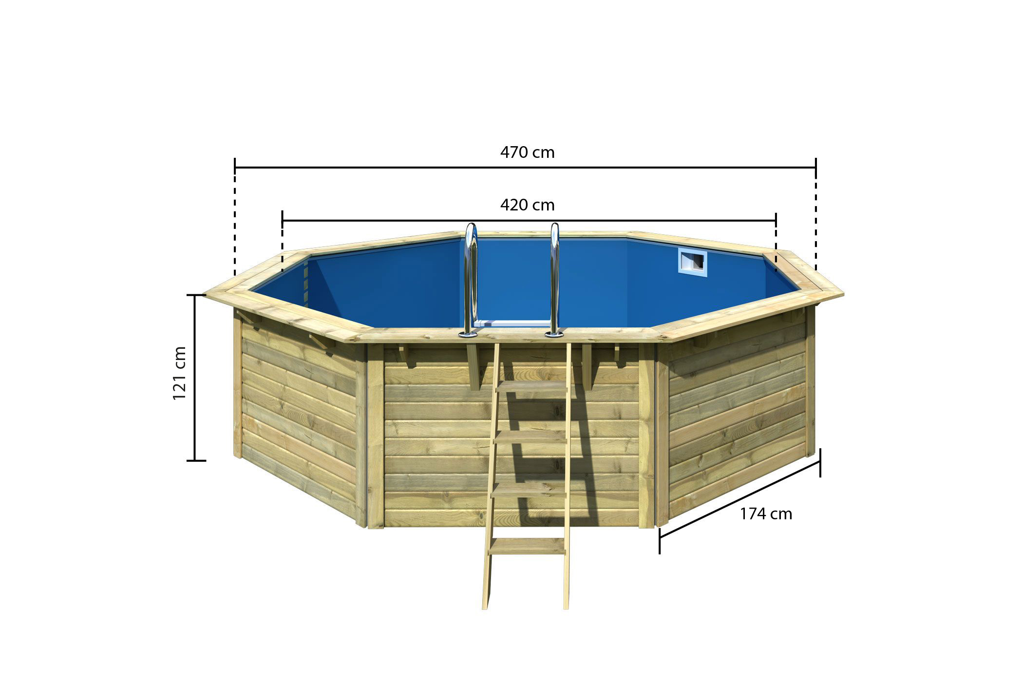 Bemaßte Maßzeichnung des Karibu Pool Modell X2, 428 × 428 cm