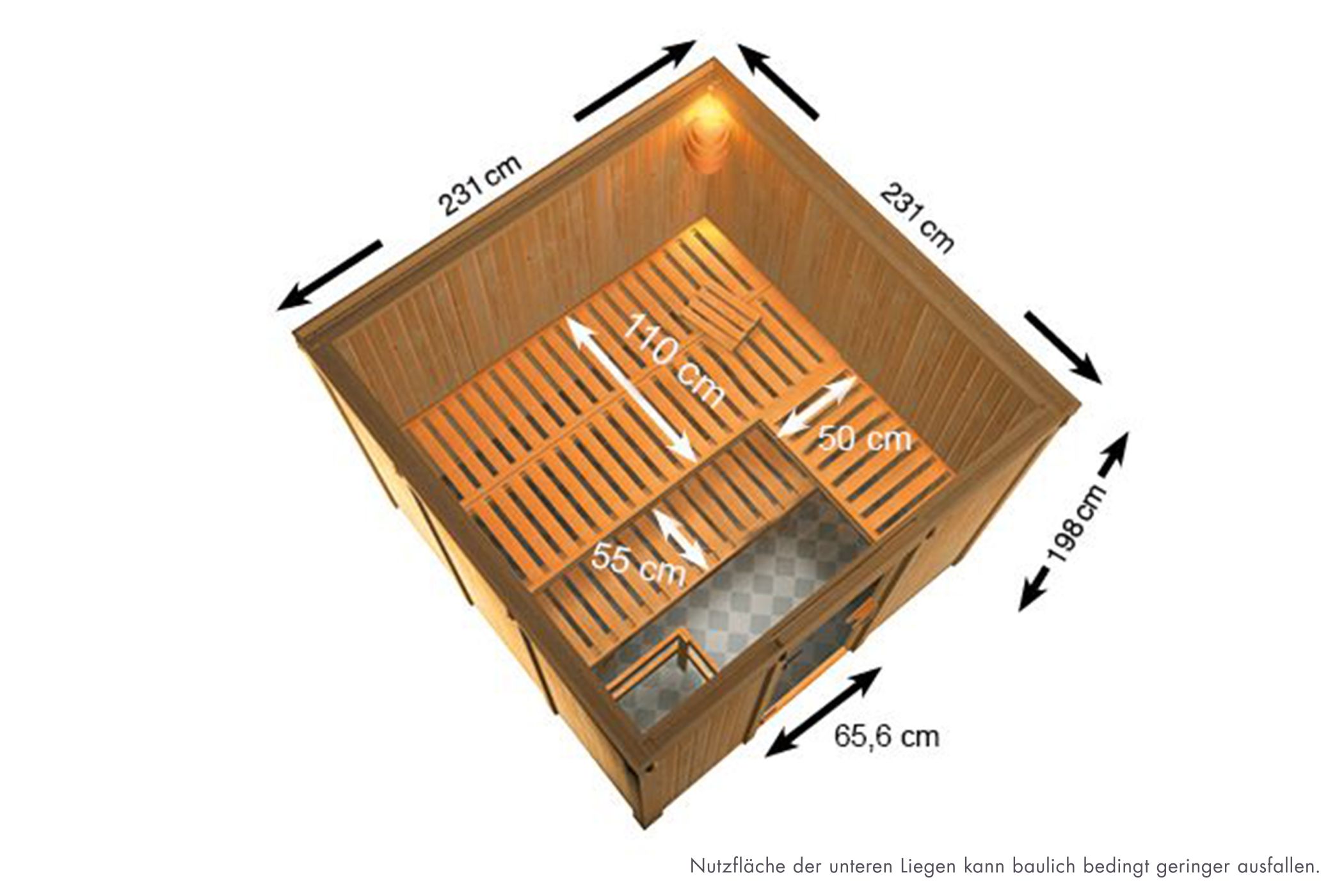Maßzeichnung der Karibu Sauna Arvika mit Außenmaß 231 × 231 cm und Höhe 198 cm