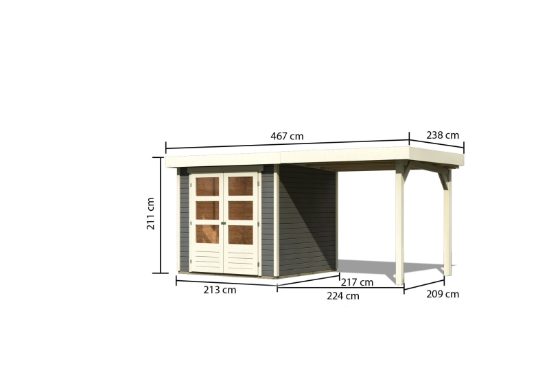 Bemaßte Maßzeichnung des Karibu Gerätehaus Askola 2 mit Anbaudach, 467 × 238 cm