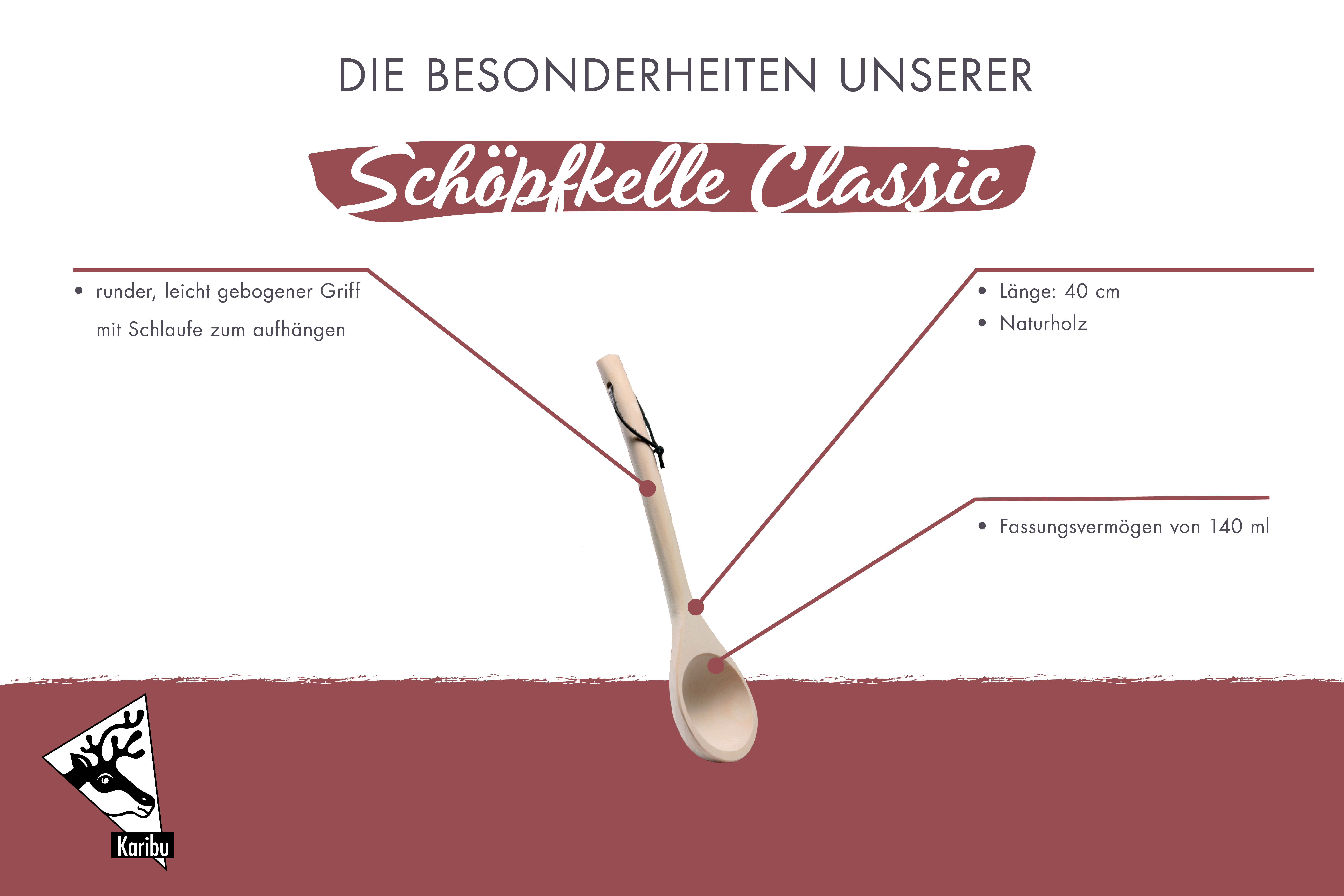 Maßzeichnung der Karibu Schöpfkelle Classic mit Bemaßung von Grundfläche und Höhe