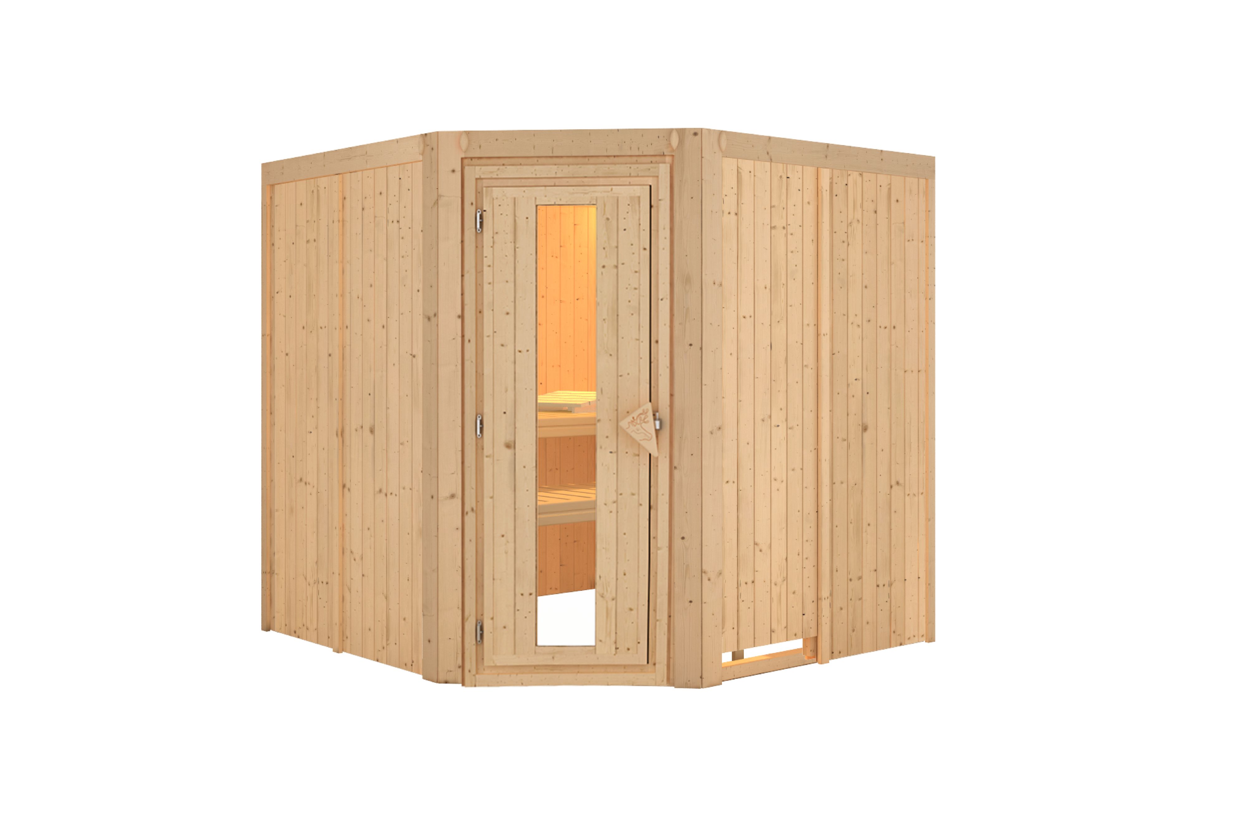 Innenansicht der Karibu Sauna Jarin mit Liegen und Kopfstütze aus hellem Espenholz