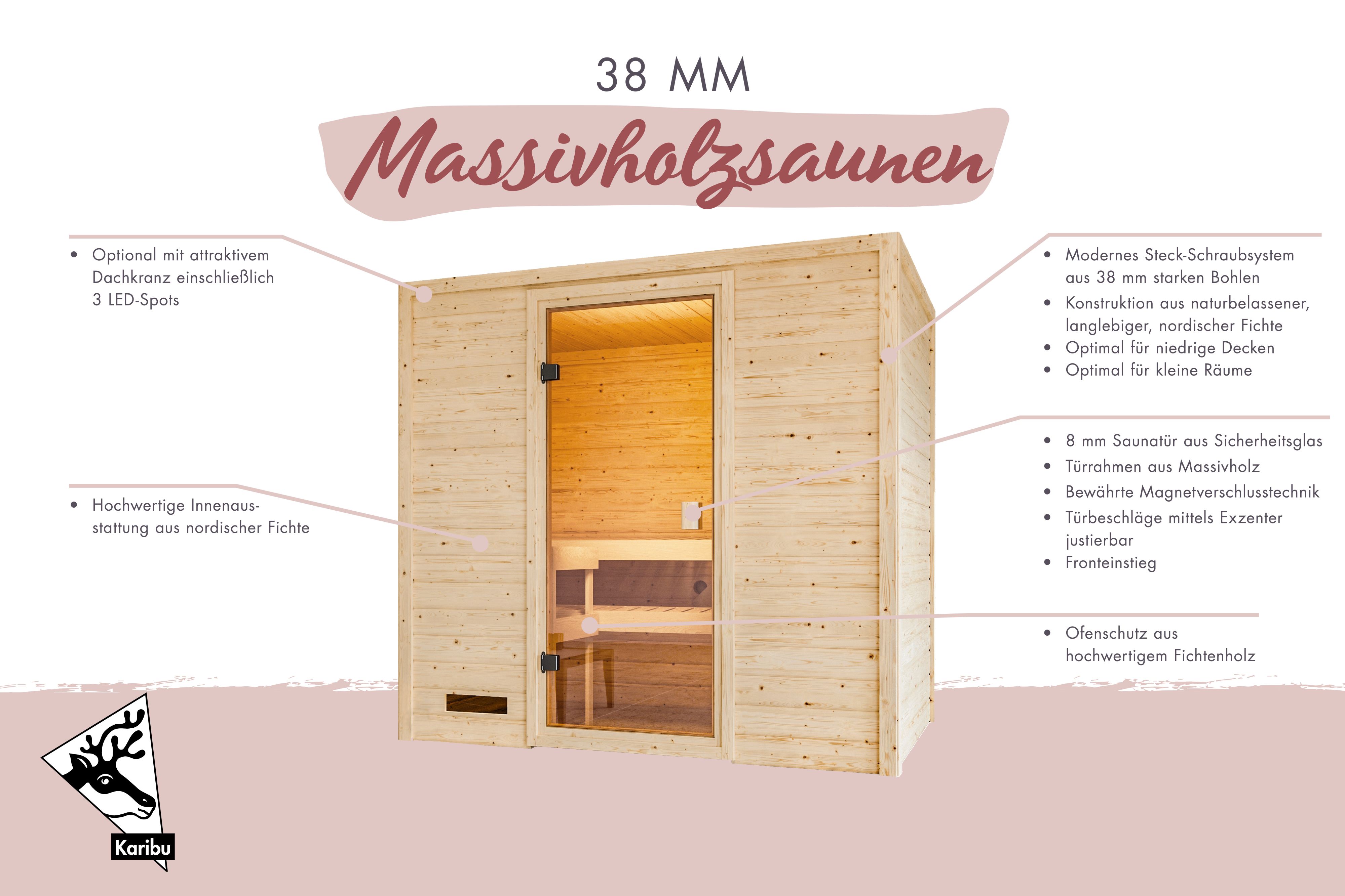 Außenansicht der Karibu Sauna Selena aus nordischer Fichte mit Ganzglastür und Fronteinstieg