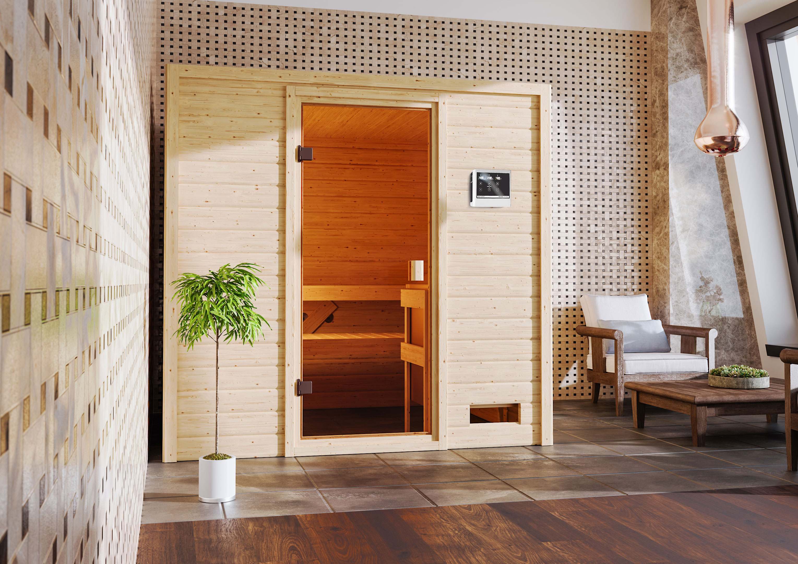 Karibu Sauna Adelina als hochwertige Sauna aus nordischer Fichte im Wohnraum-Ambiente