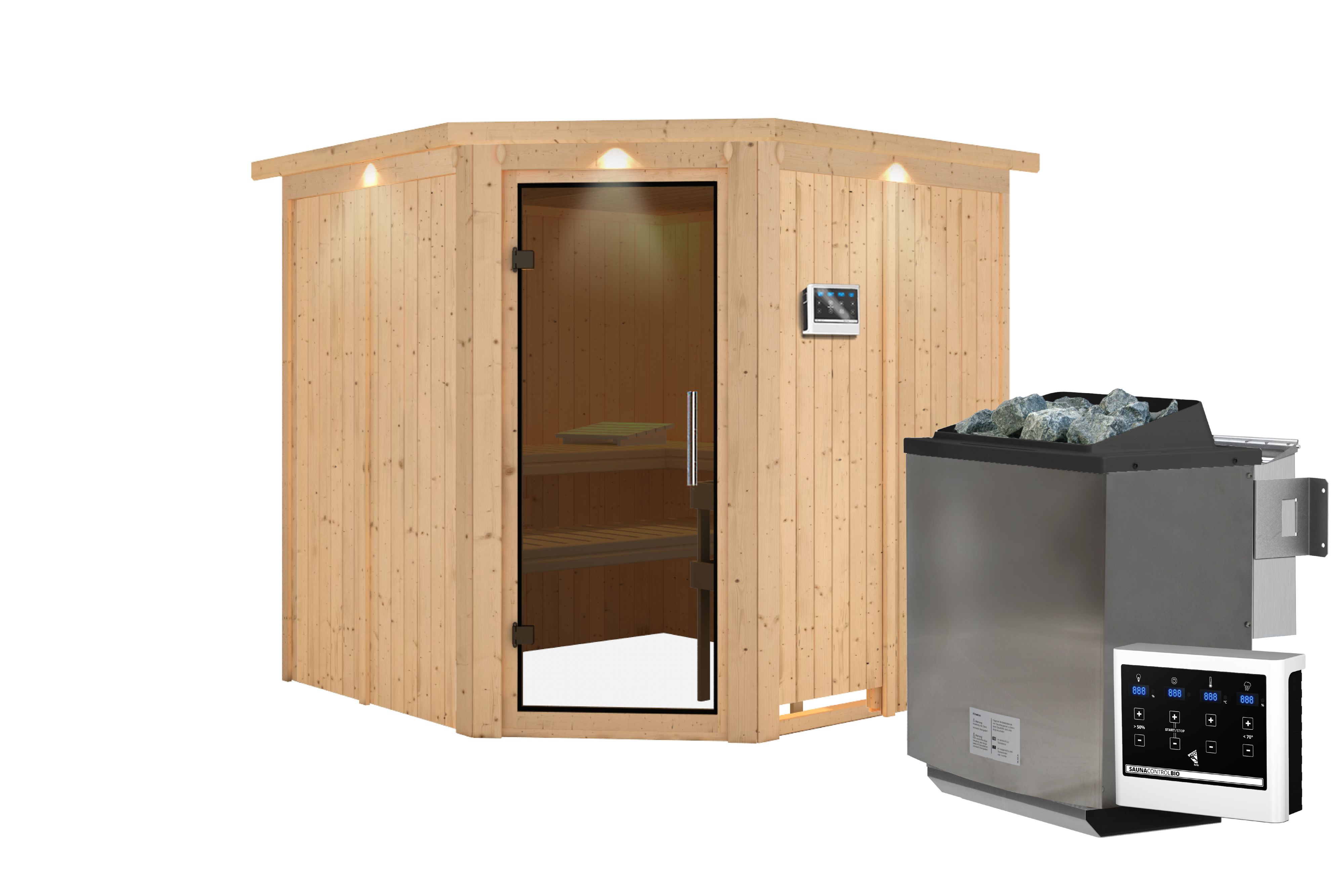 Innenansicht der Karibu Sauna Jarin mit Liegen und Kopfstütze aus hellem Espenholz