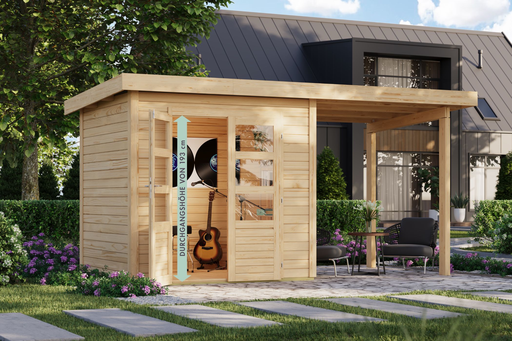Karibu Gartenhaus Kolbin 2 XXL in Naturbelassen im Garten