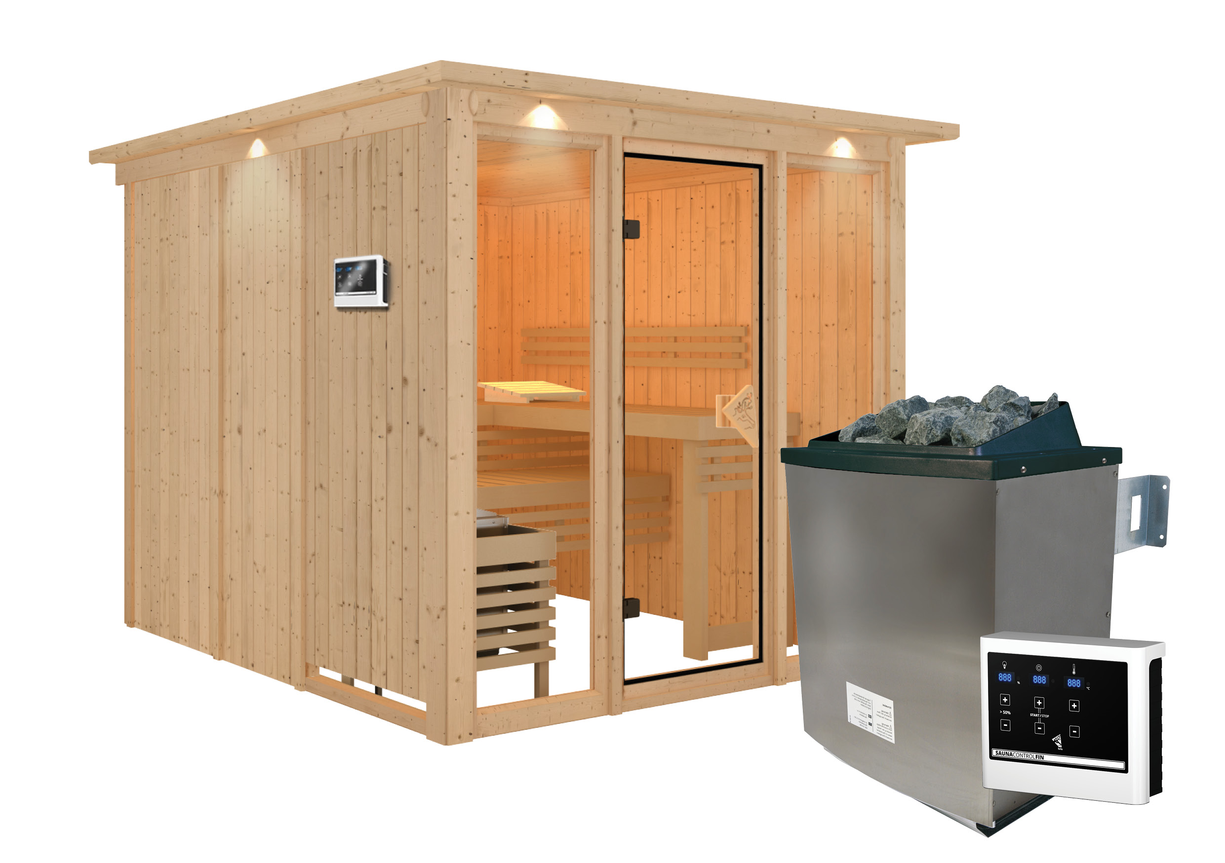 Innenansicht der Karibu Sauna Askja mit Liegen und Kopfstütze aus hellem Espenholz