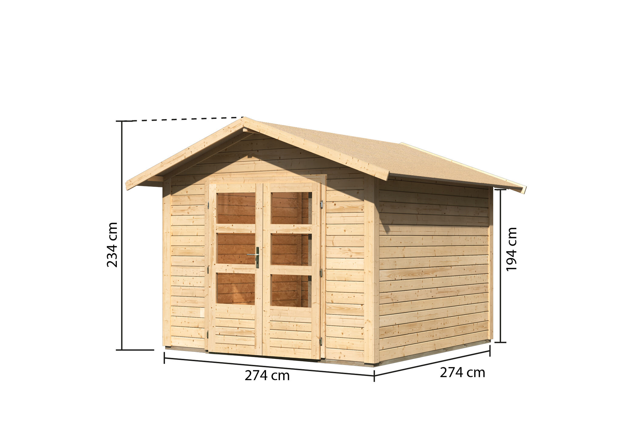 Bemaßte Maßzeichnung des Karibu Gartenhaus Talkau 6 mit Bemaßung