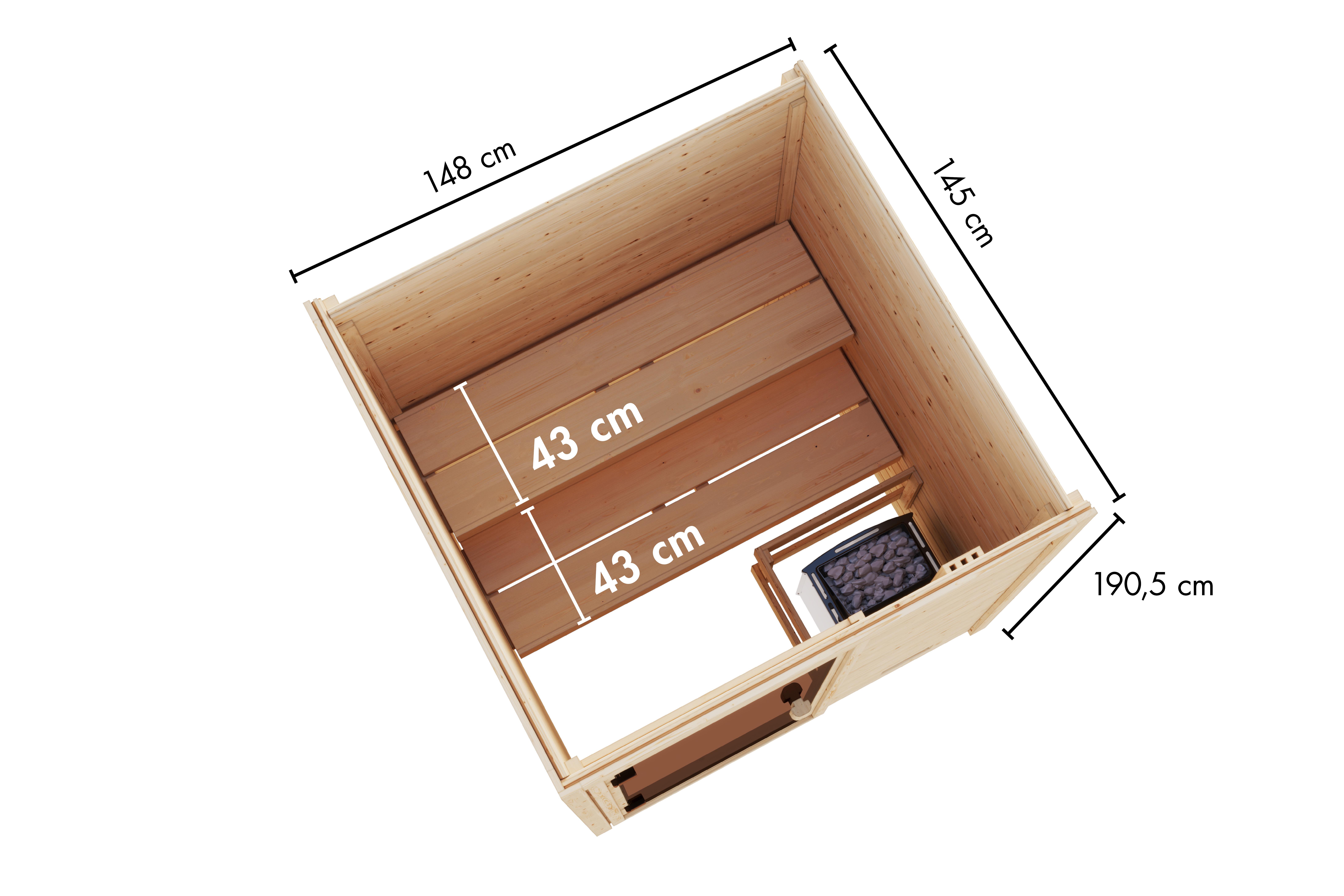Maßzeichnung der Karibu Sauna Ria mit Außenmaß 148 × 145 cm und Höhe 190 cm