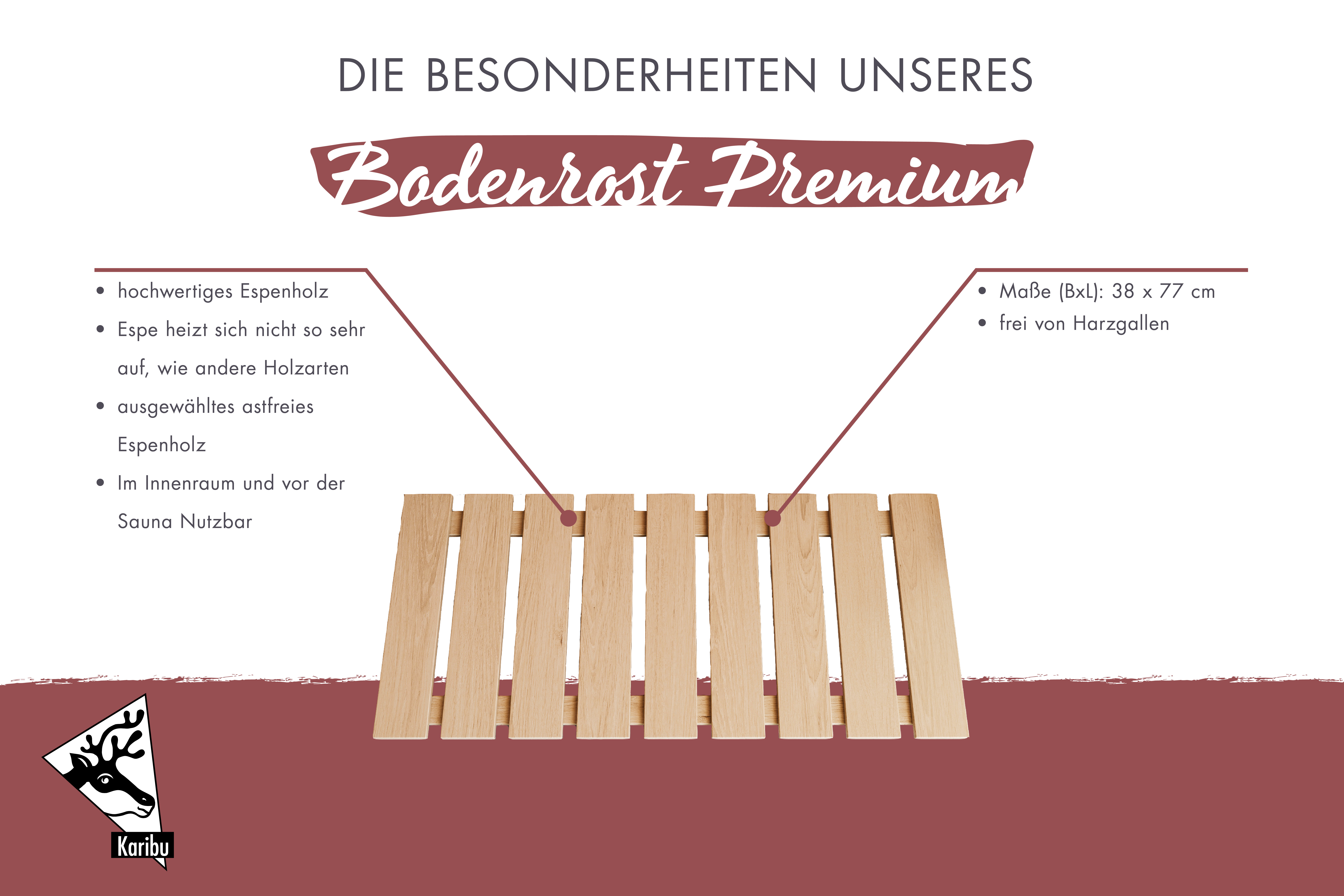 Maßzeichnung der Karibu Bodenrost Espe Premium mit Bemaßung von Grundfläche und Höhe