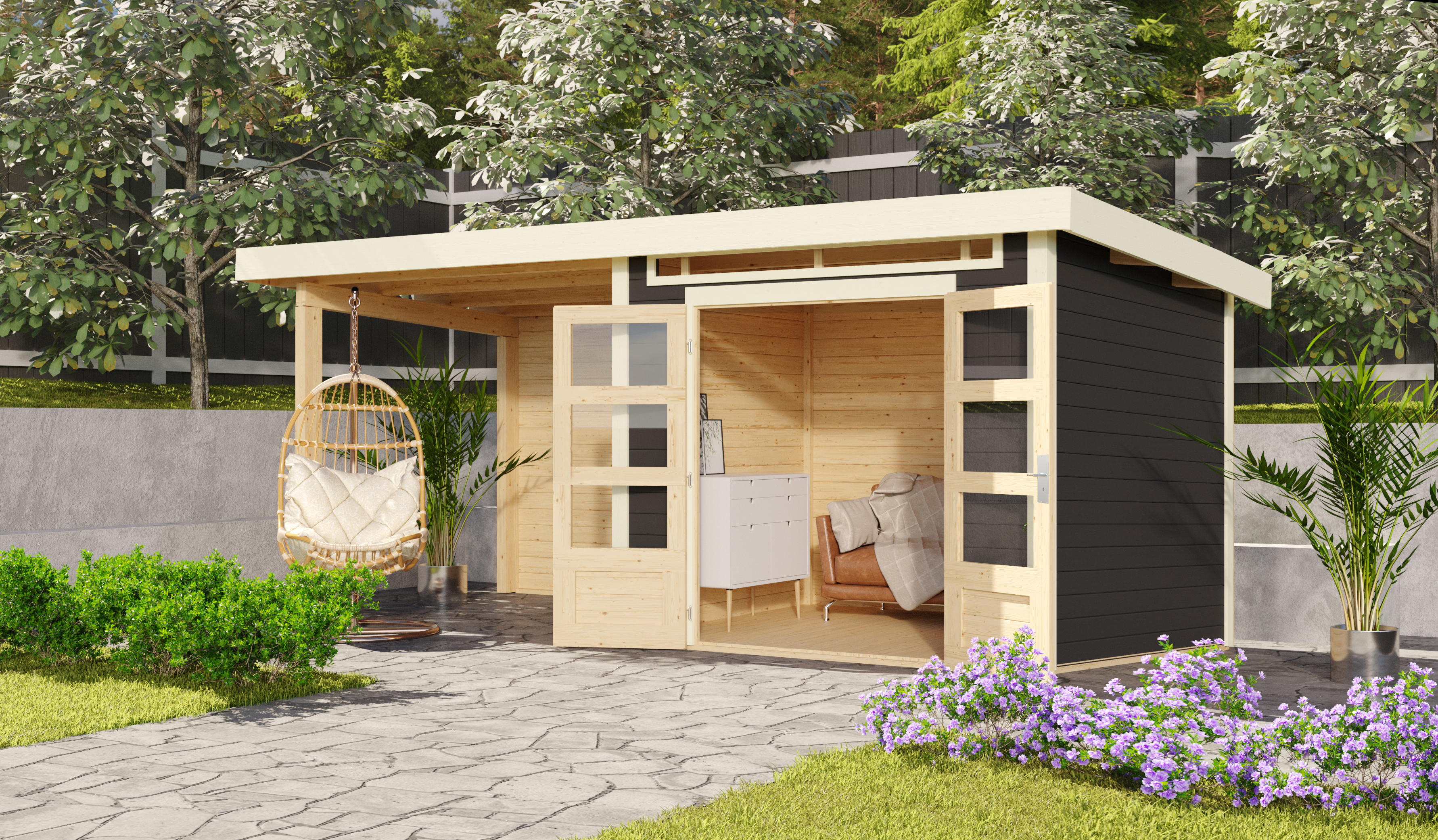 Karibu Gartenhaus Maria B mit Anbaudach im Garten