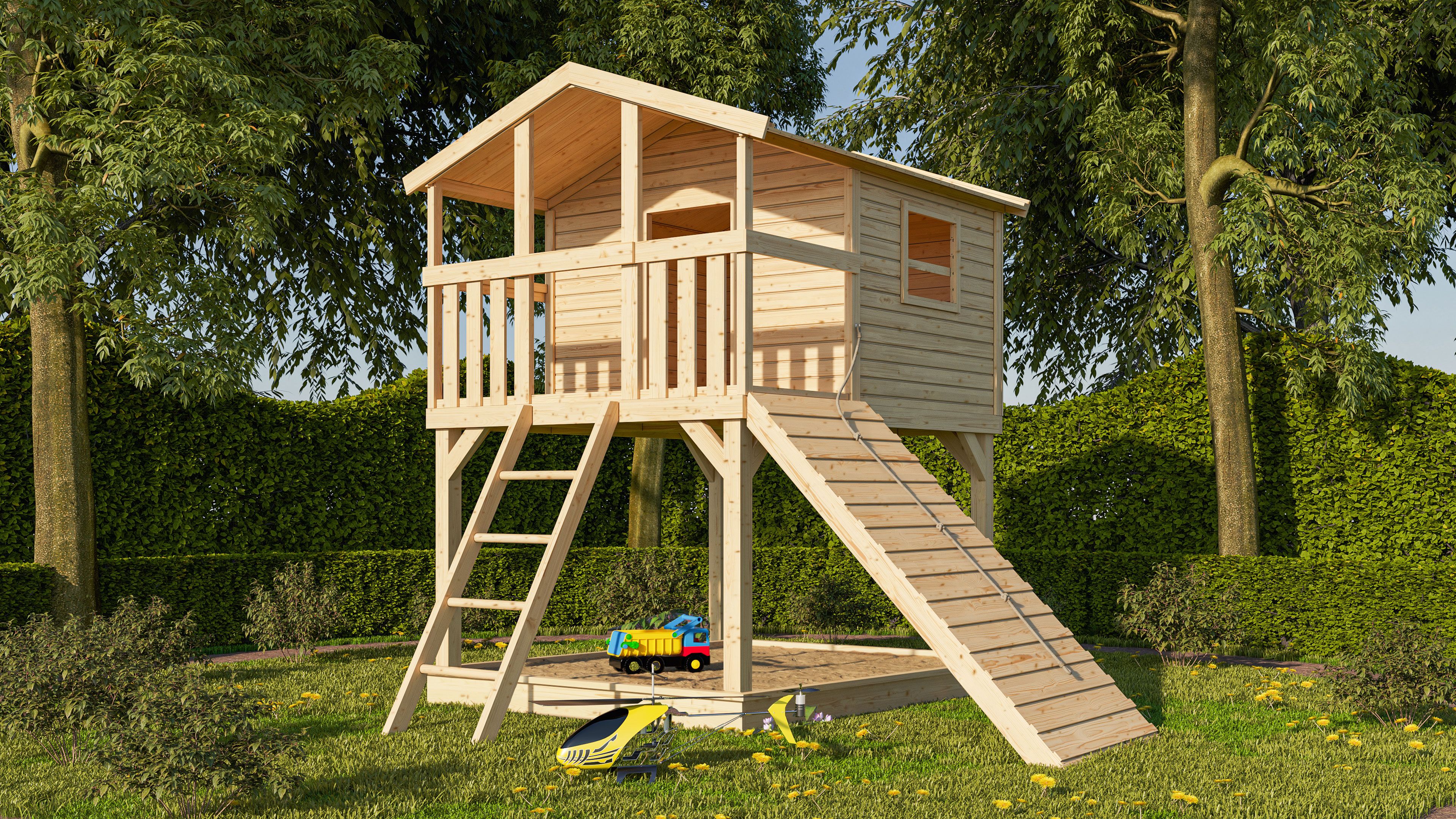 Karibu Stelzenhaus Benjamin aus Holz, im Garten aufgebaut