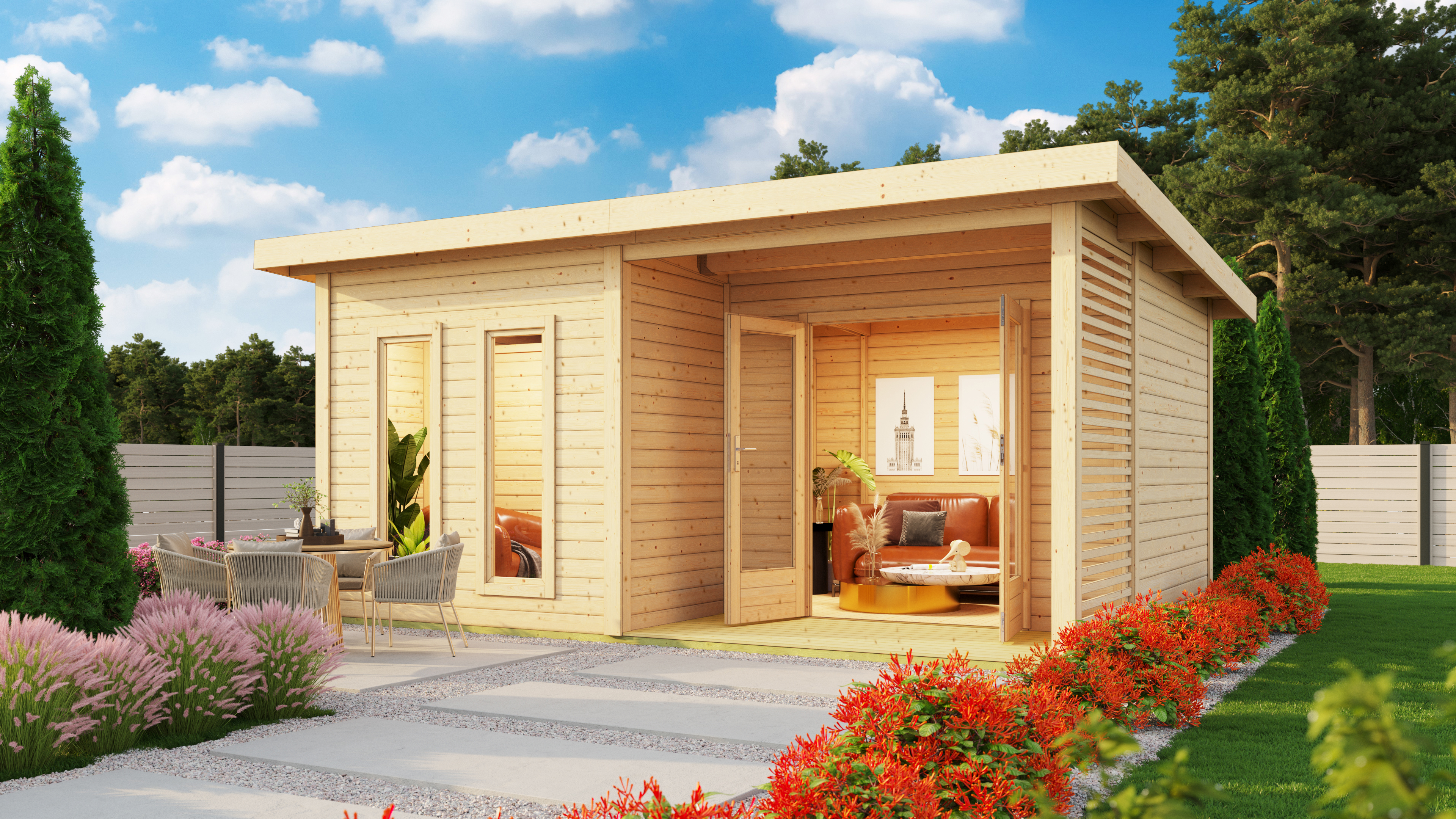 Karibu Saunahaus Mainburg 5 als Gartensauna aus Massivholz im Garten mit Glasfront