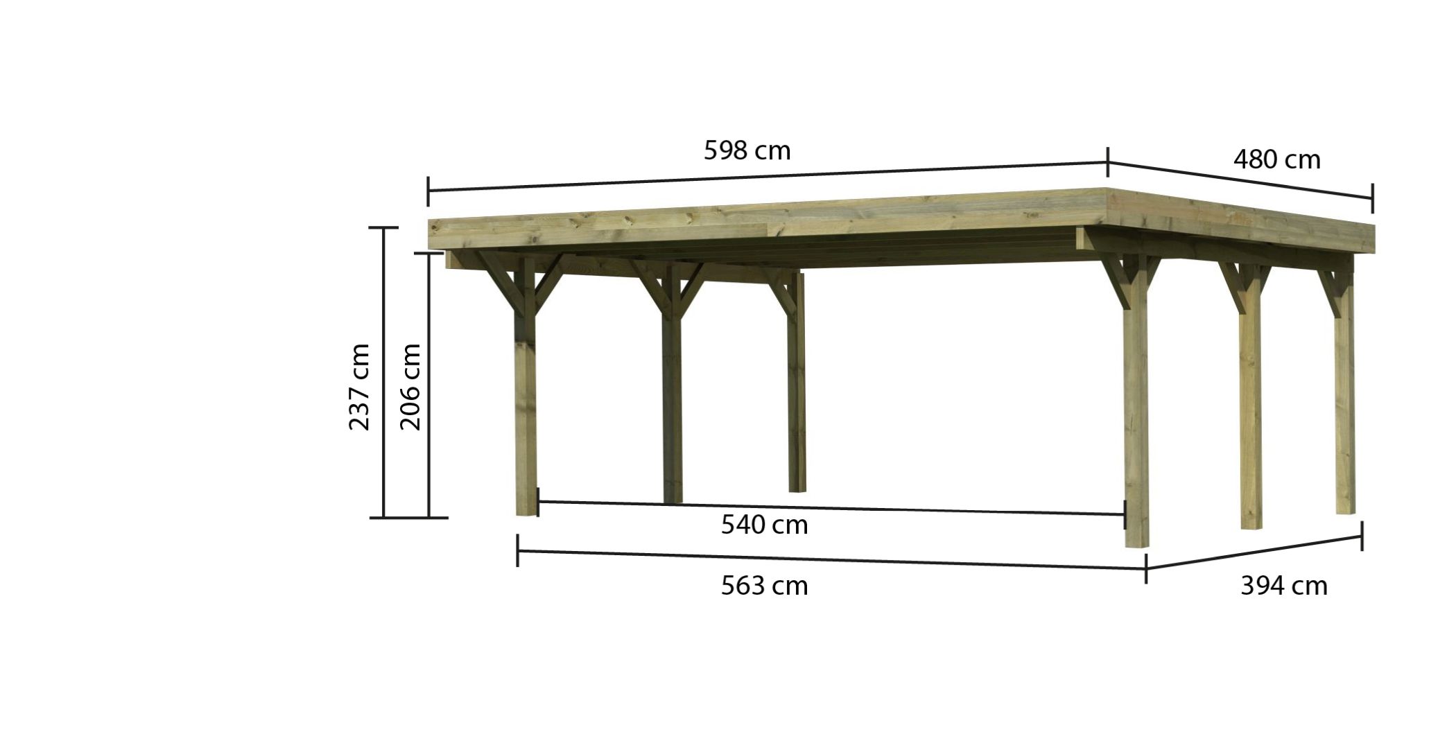Maßzeichnung des Karibu Doppelcarport Classic 1 mit Dachmaß 598 × 480 cm und Durchfahrtshöhe 206 cm