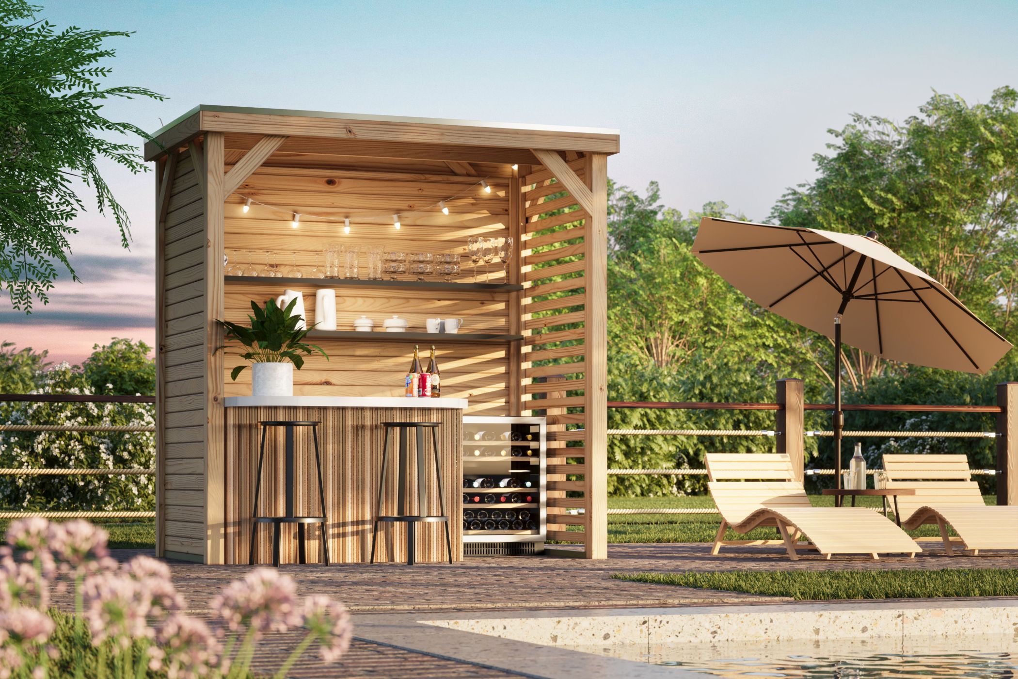 Karibu Cubeco Pavillon halb aus Leimholz mit Flachdach im Garten als Ambiente-Ansicht